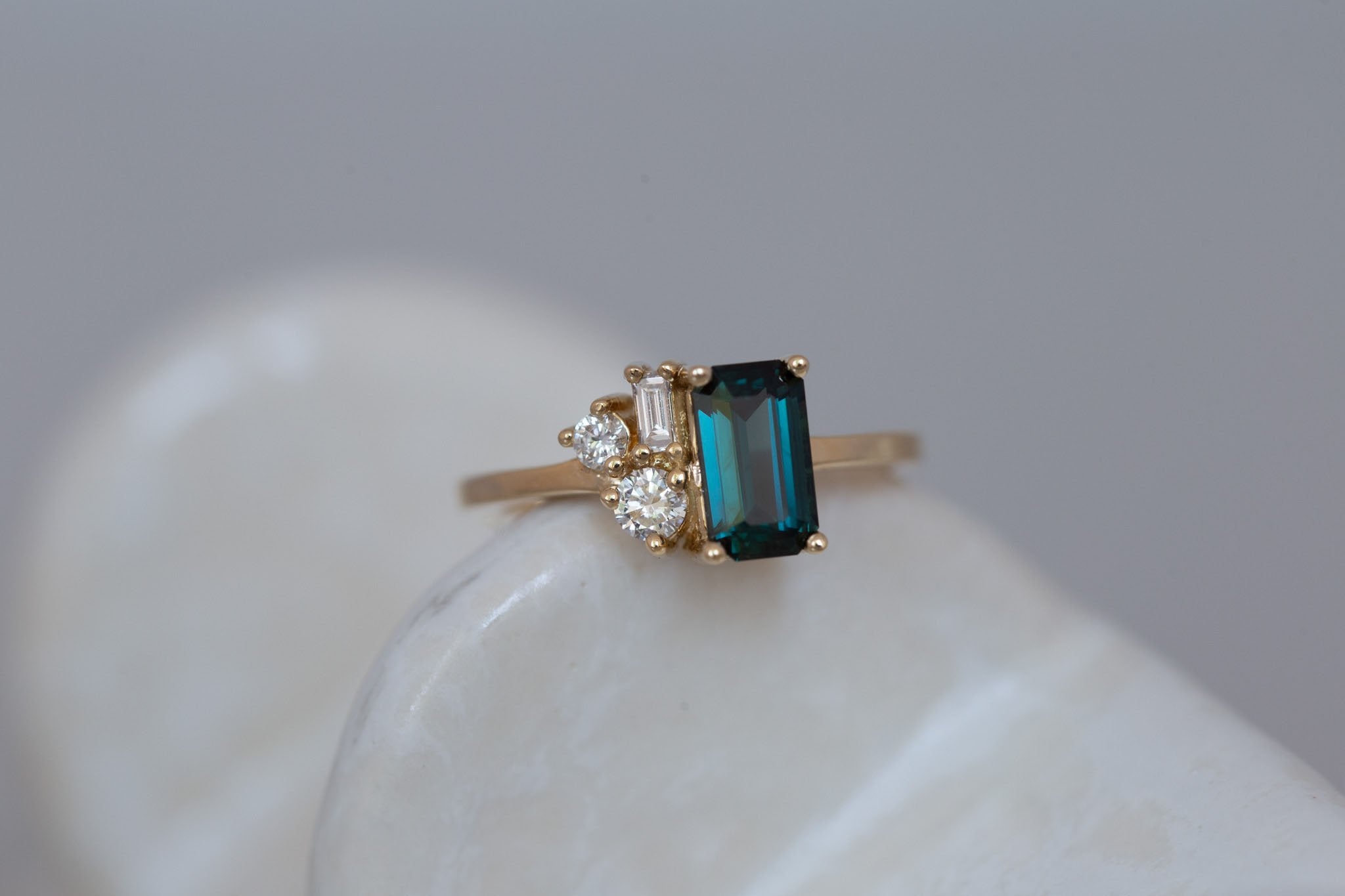 Emory Ring | Teal Sapphire + Baguette and Round Diamond Cluster Engagement Ring 1.45 ct | 14k Recycled Gold | One of a Kind