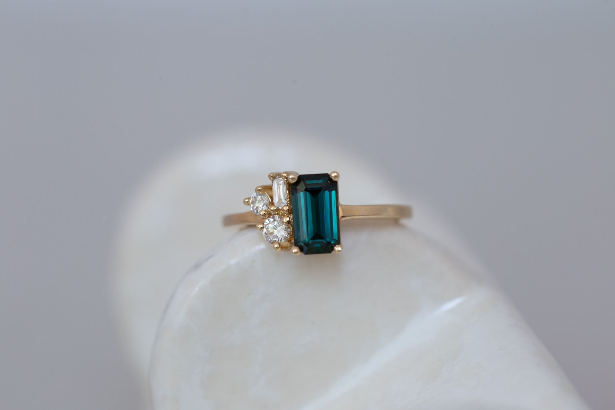 Emory Ring | Teal Sapphire + Baguette and Round Diamond Cluster Engagement Ring 1.45 ct | 14k Recycled Gold | One of a Kind