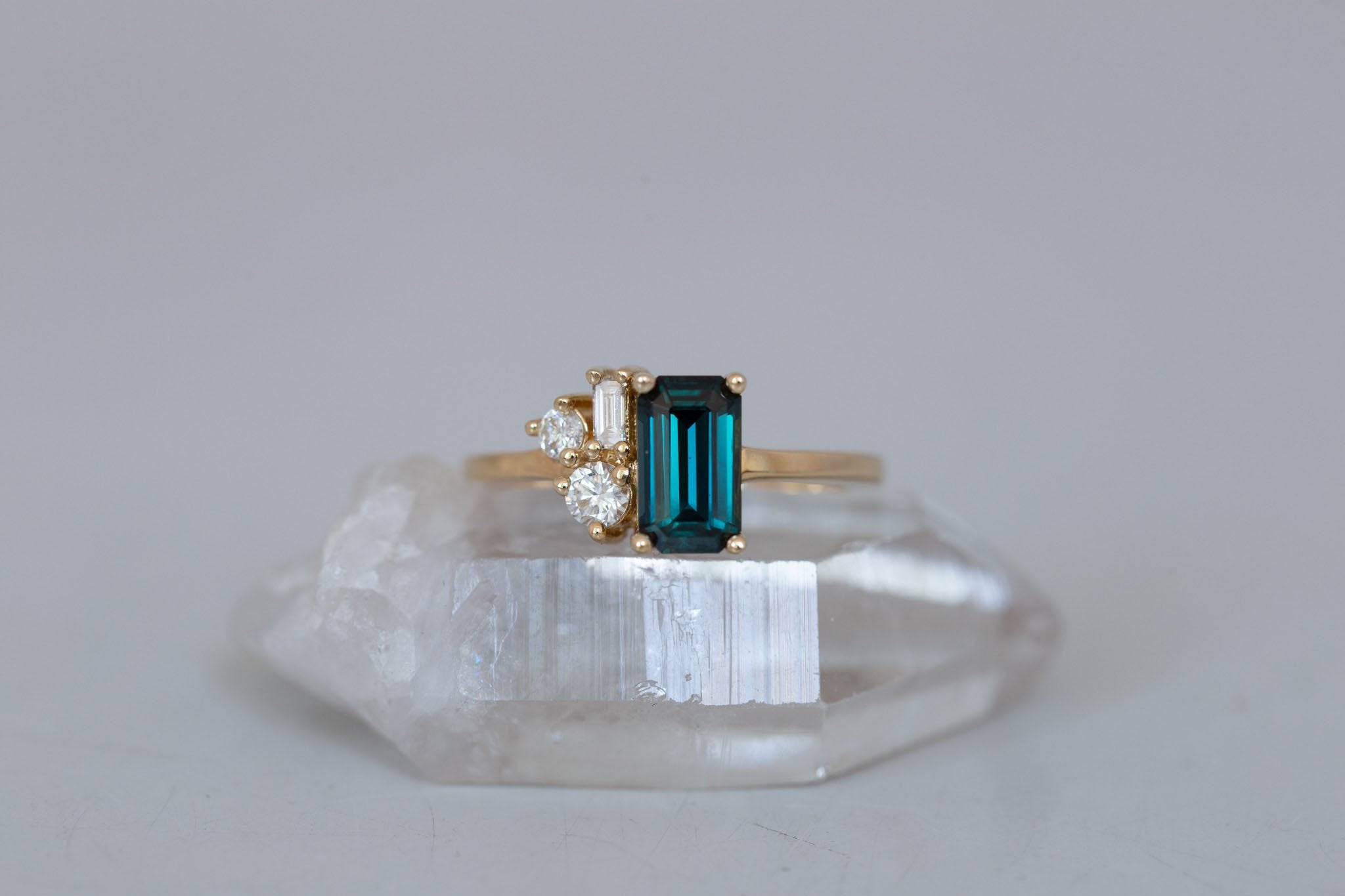Emory Ring | Teal Sapphire + Baguette and Round Diamond Cluster Engagement Ring 1.45 ct | 14k Recycled Gold | One of a Kind