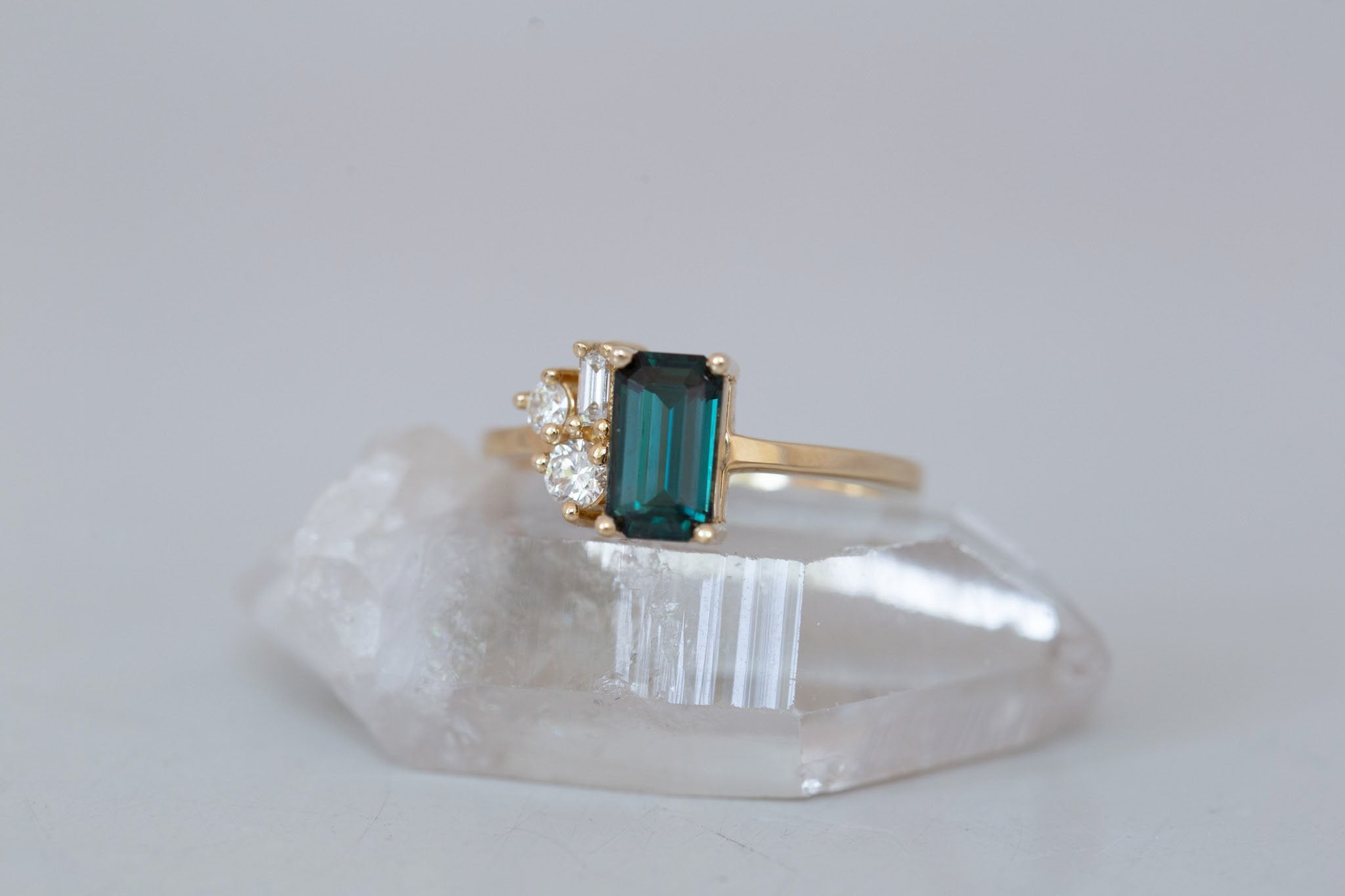 Emory Ring | Teal Sapphire + Baguette and Round Diamond Cluster Engagement Ring 1.45 ct | 14k Recycled Gold | One of a Kind