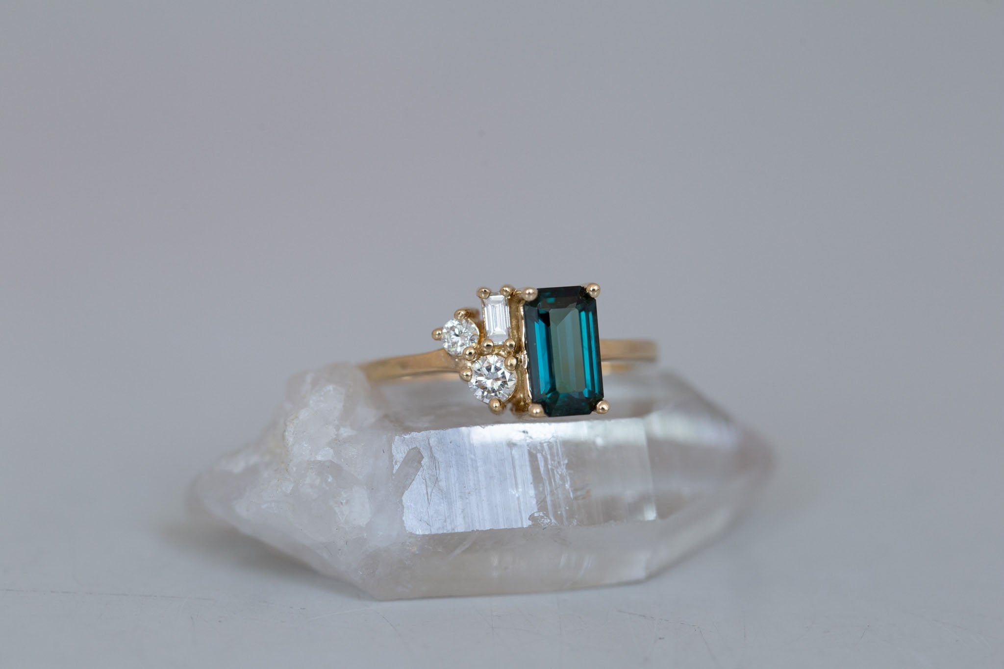 Emory Ring | Teal Sapphire + Baguette and Round Diamond Cluster Engagement Ring 1.45 ct | 14k Recycled Gold | One of a Kind