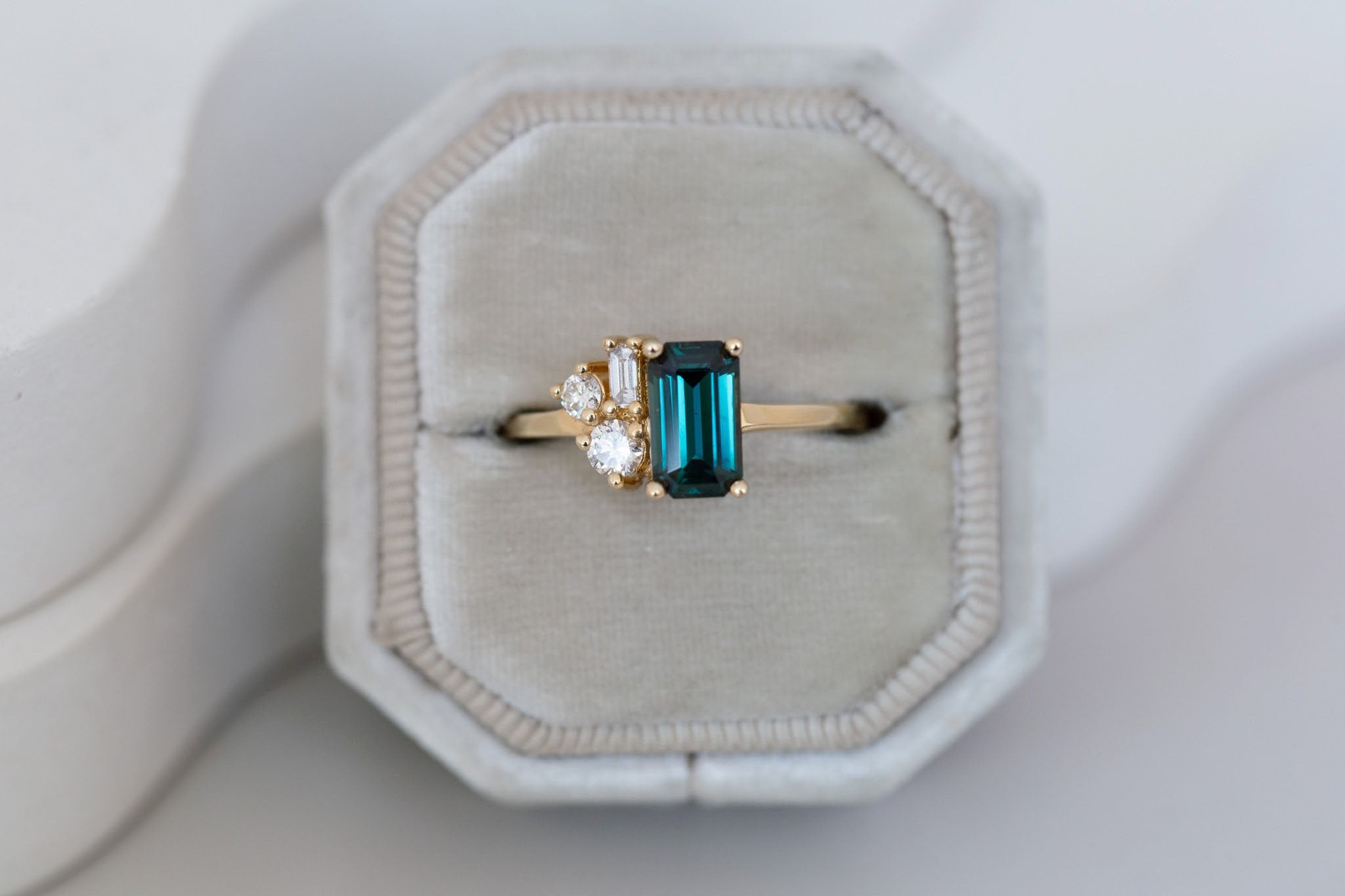 Emory Ring | Teal Sapphire + Baguette and Round Diamond Cluster Engagement Ring 1.45 ct | 14k Recycled Gold | One of a Kind