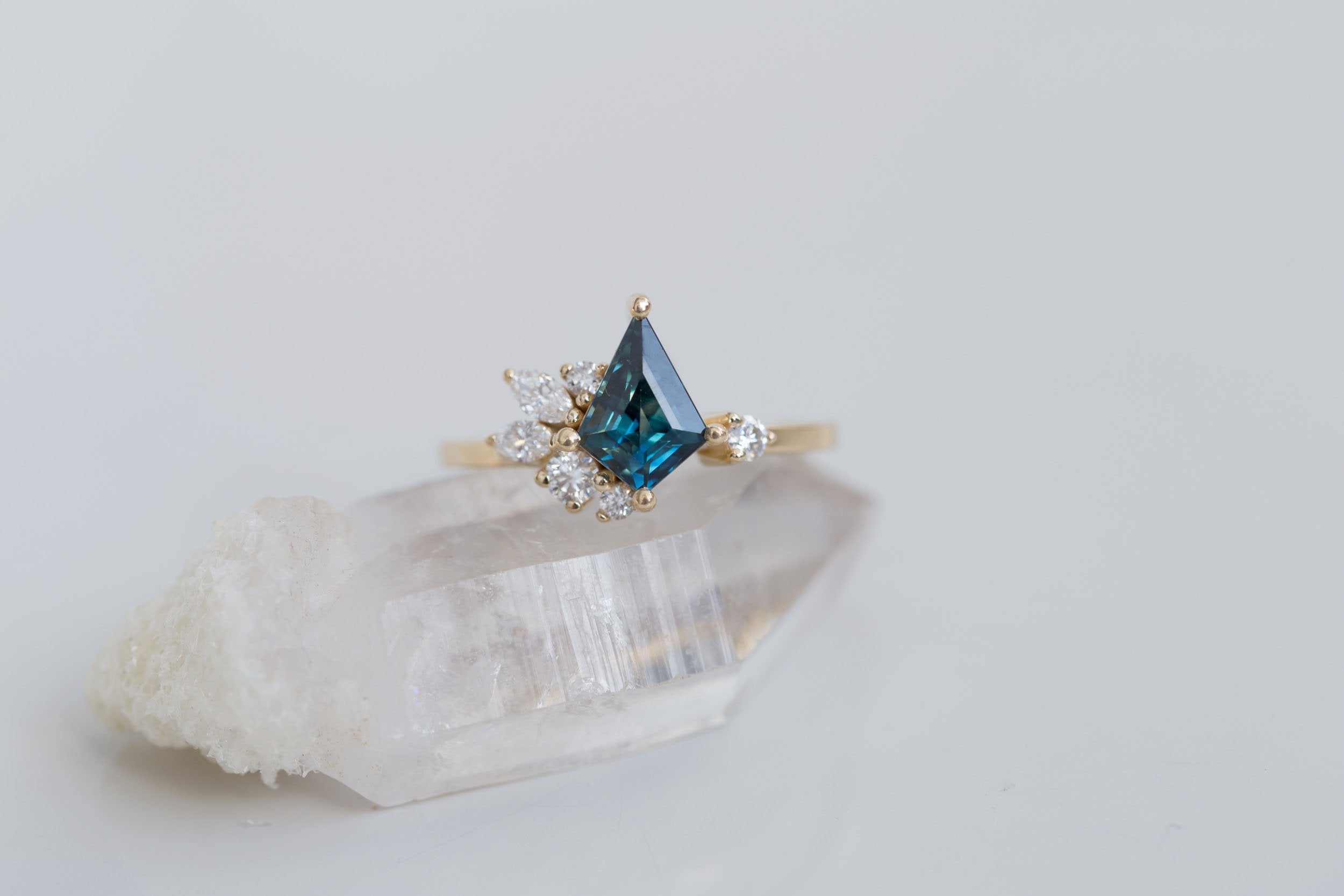 Alden Ring | Teal Sapphire Kite + Diamond Cluster Engagement Ring 1.54 ct | 14k Recycled Gold | One of a Kind