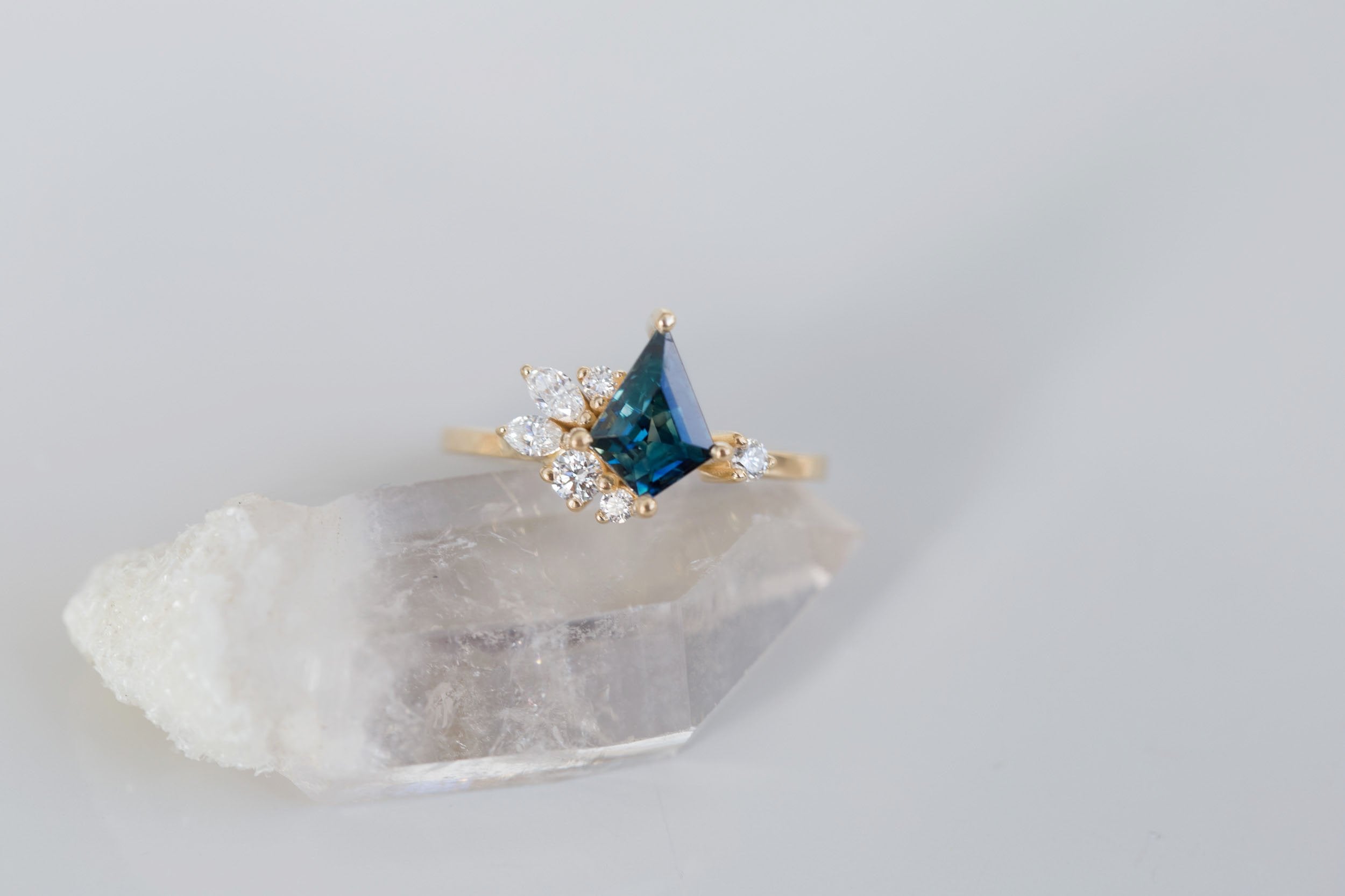 Alden Ring | Teal Sapphire Kite + Diamond Cluster Engagement Ring 1.54 ct | 14k Recycled Gold | One of a Kind