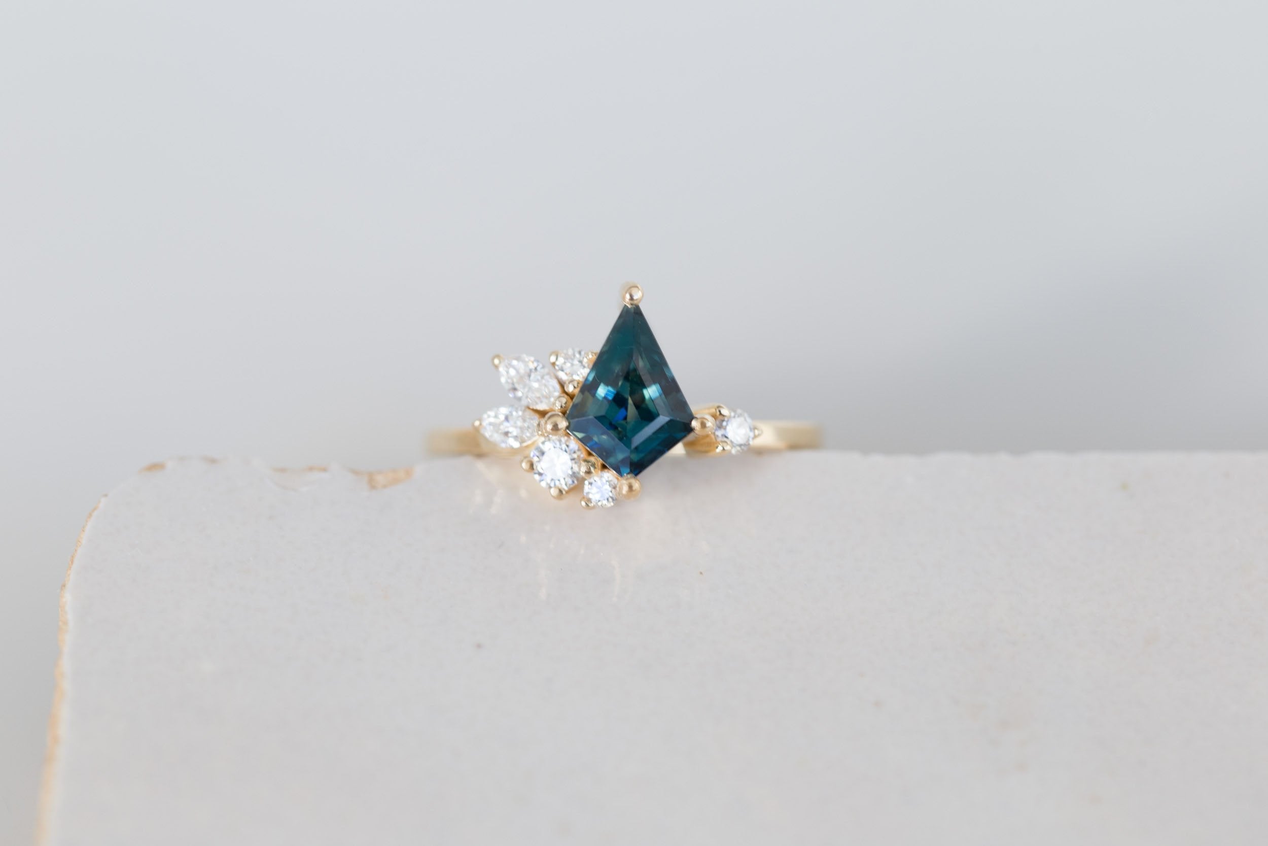 Alden Ring | Teal Sapphire Kite + Diamond Cluster Engagement Ring 1.54 ct | 14k Recycled Gold | One of a Kind