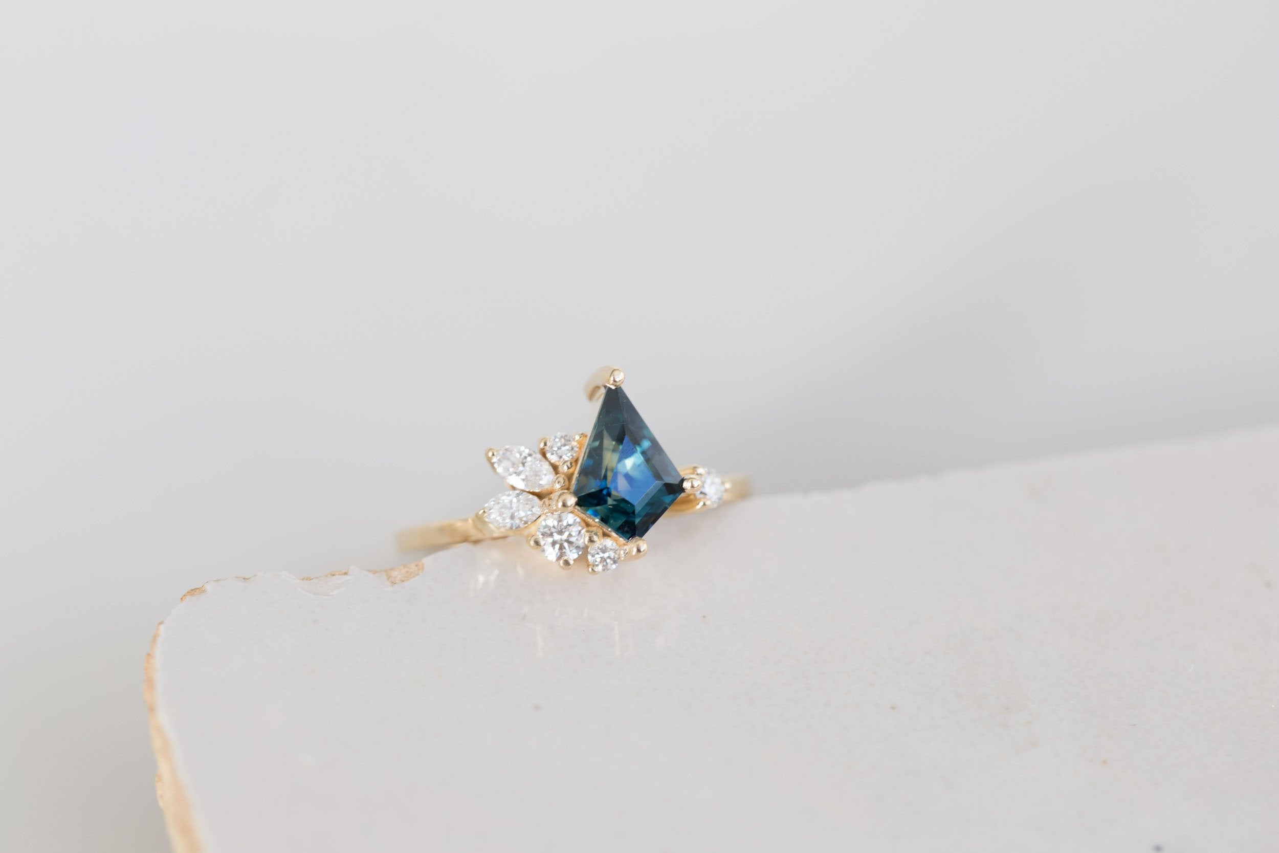Alden Ring | Teal Sapphire Kite + Diamond Cluster Engagement Ring 1.54 ct | 14k Recycled Gold | One of a Kind