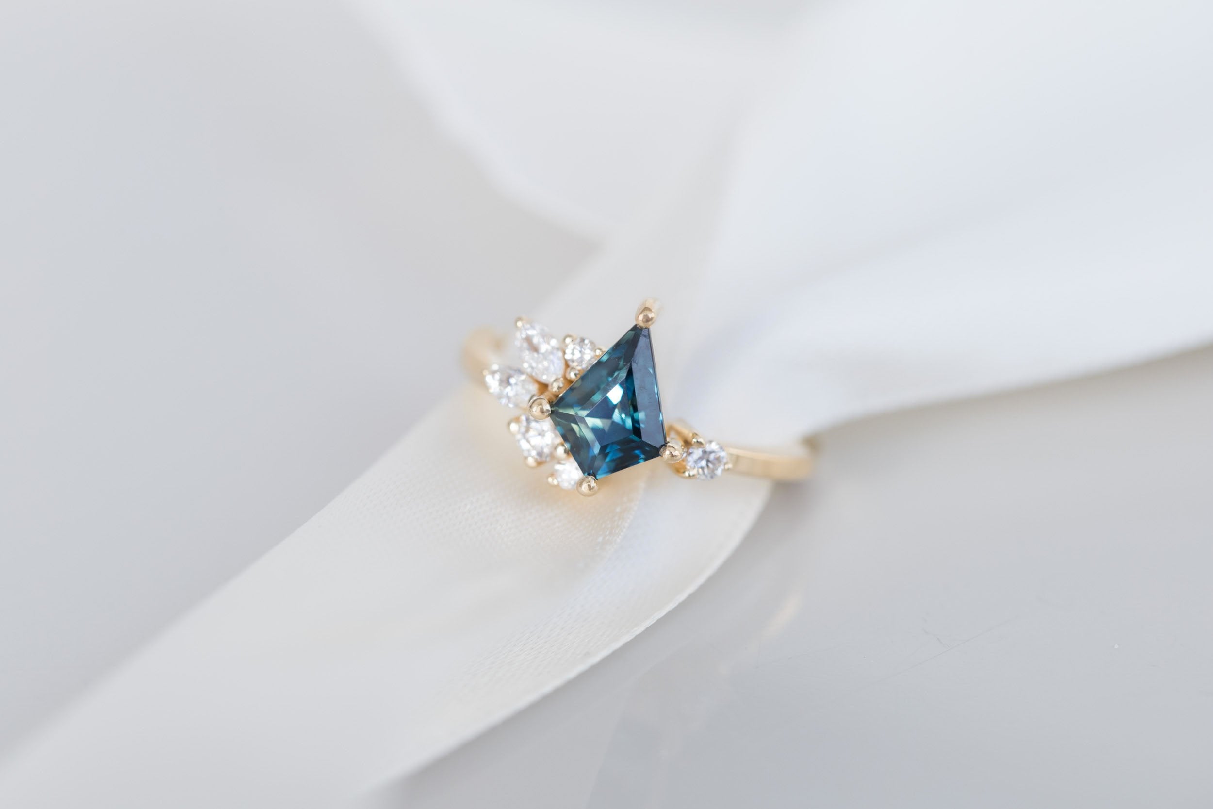 Alden Ring | Teal Sapphire Kite + Diamond Cluster Engagement Ring 1.54 ct | 14k Recycled Gold | One of a Kind