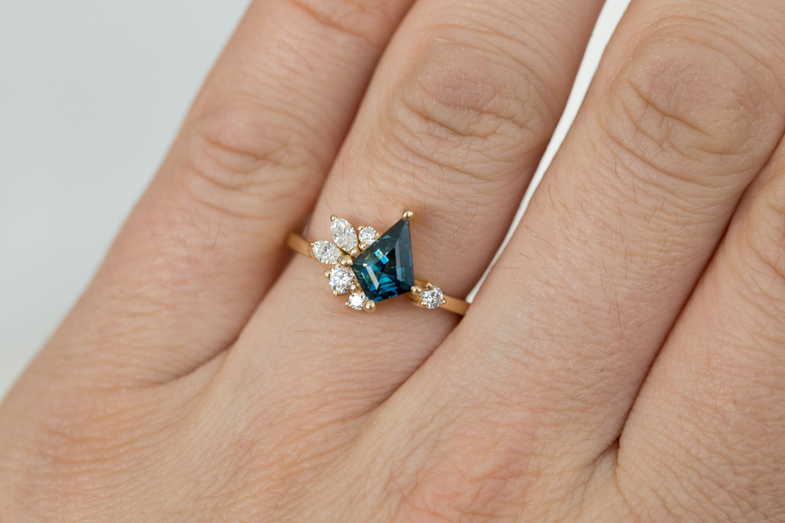 Alden Ring | Teal Sapphire Kite + Diamond Cluster Engagement Ring 1.54 ct | 14k Recycled Gold | One of a Kind