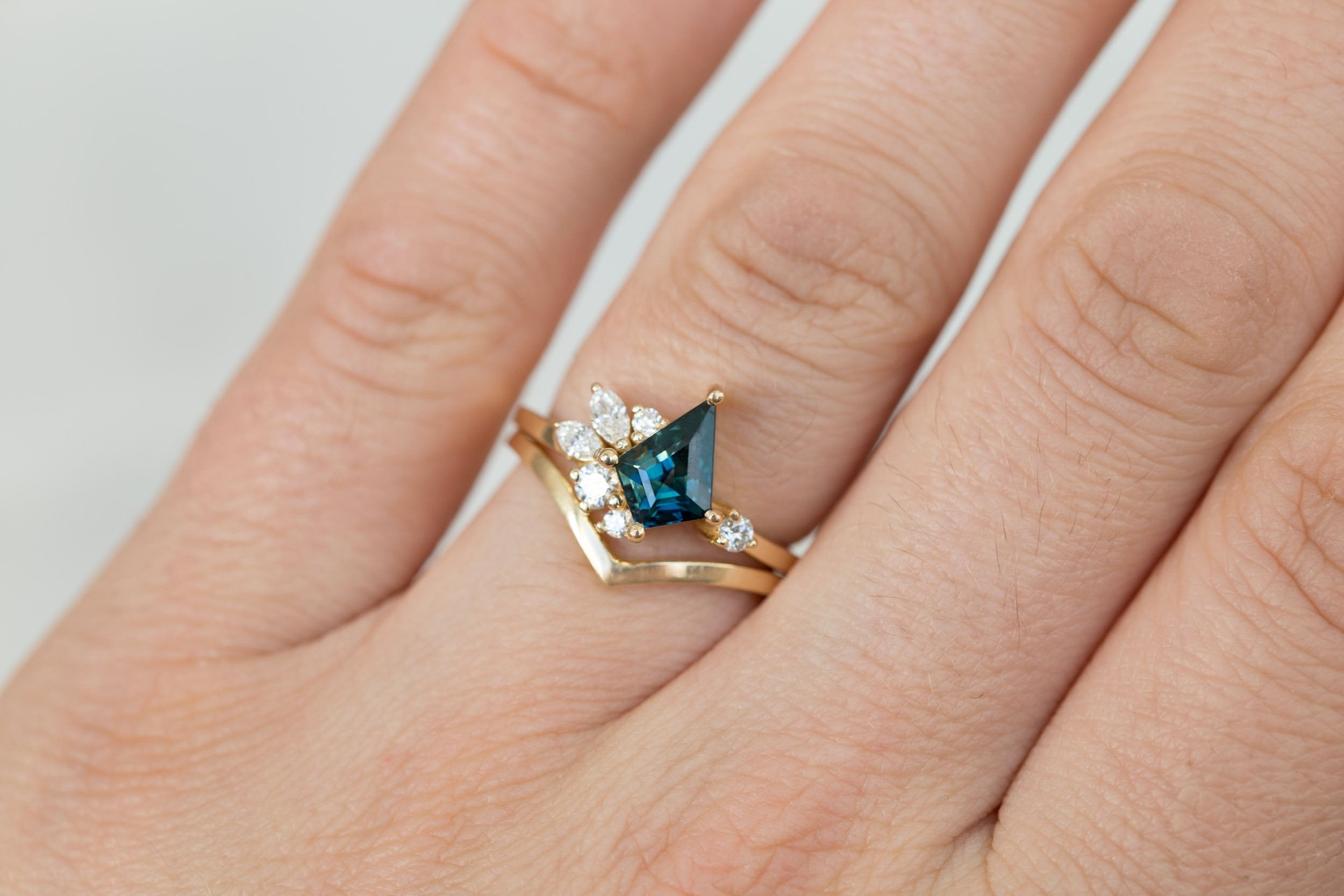 Alden Ring | Teal Sapphire Kite + Diamond Cluster Engagement Ring 1.54 ct | 14k Recycled Gold | One of a Kind