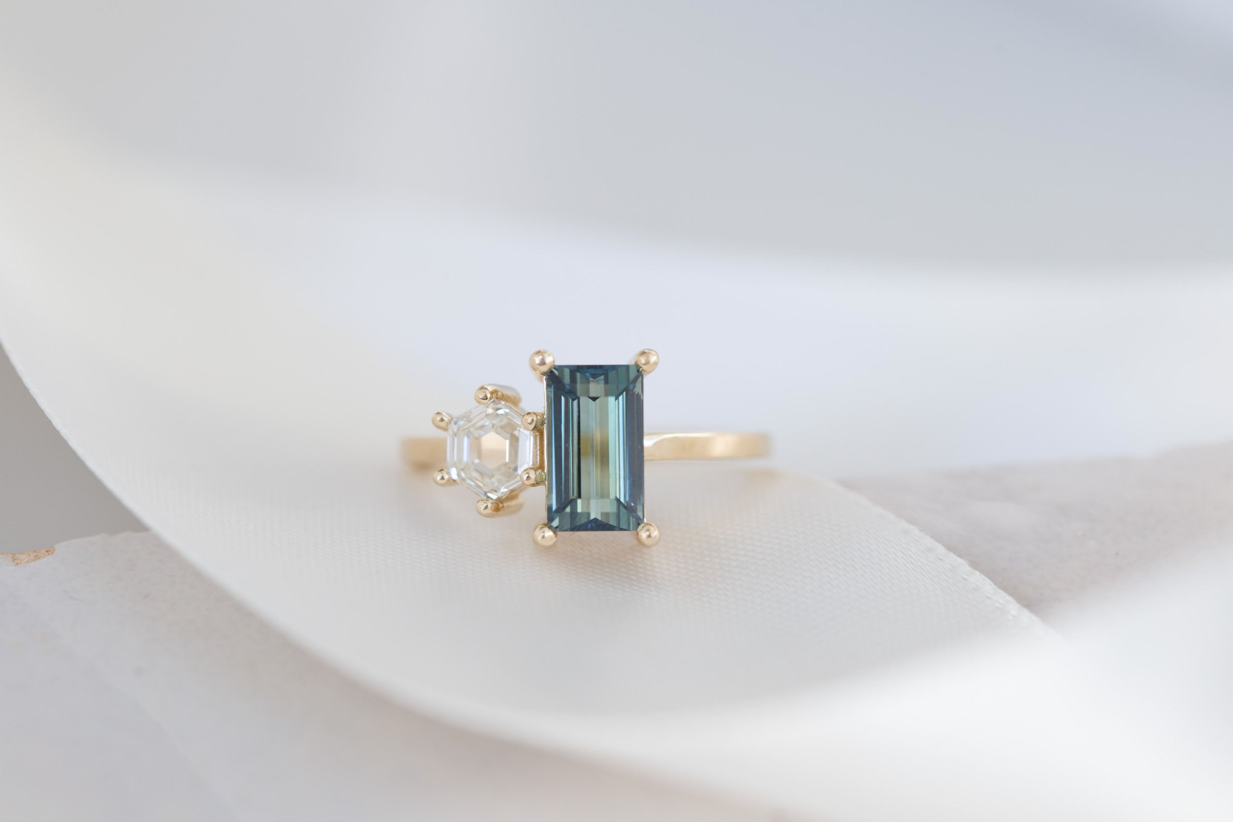 Liana Ring | Teal Baguette Sapphire + Hexagon Diamond Engagement Ring | 14k Recycled Gold | One of a Kind