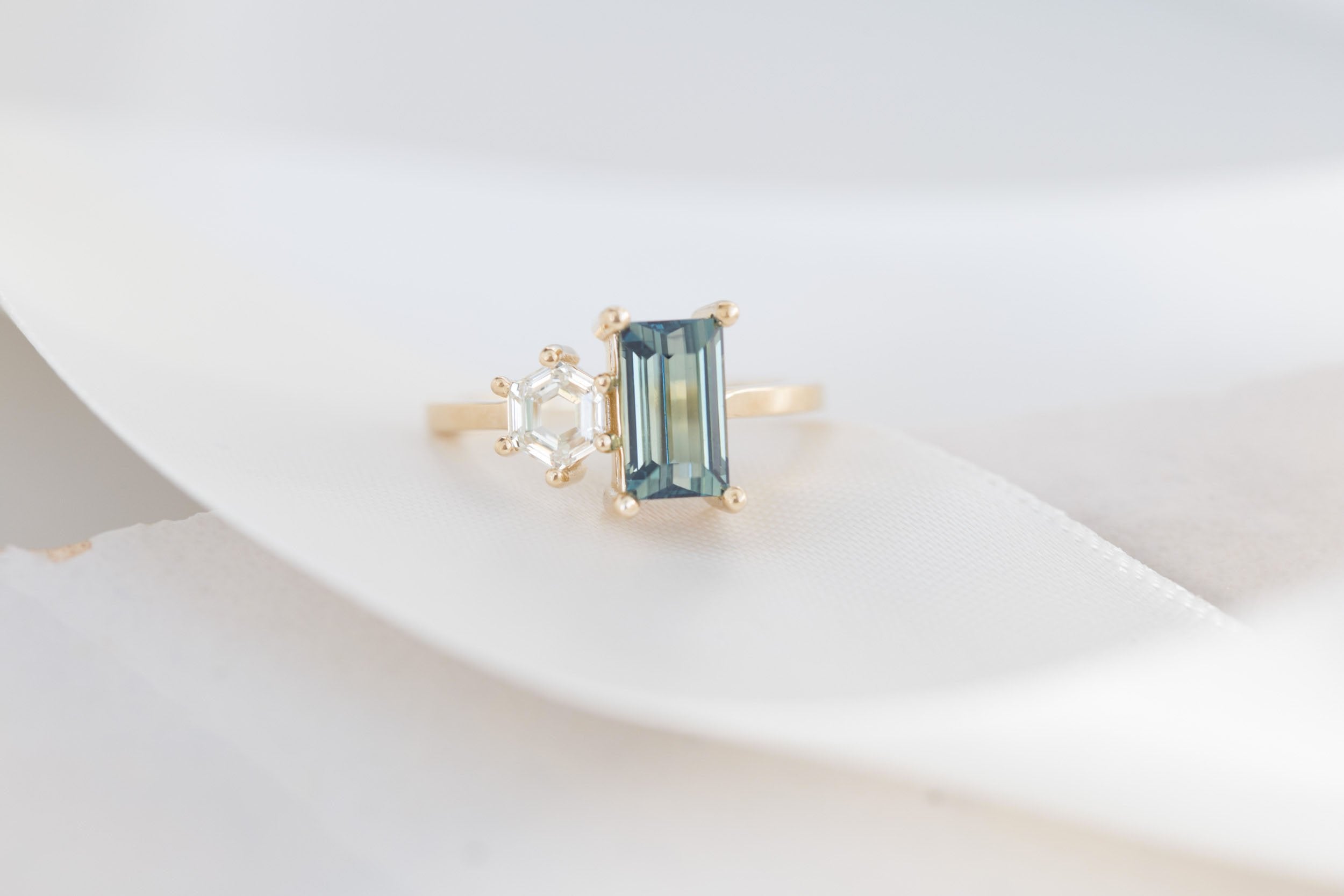 Liana Ring | Teal Baguette Sapphire + Hexagon Diamond Engagement Ring | 14k Recycled Gold | One of a Kind