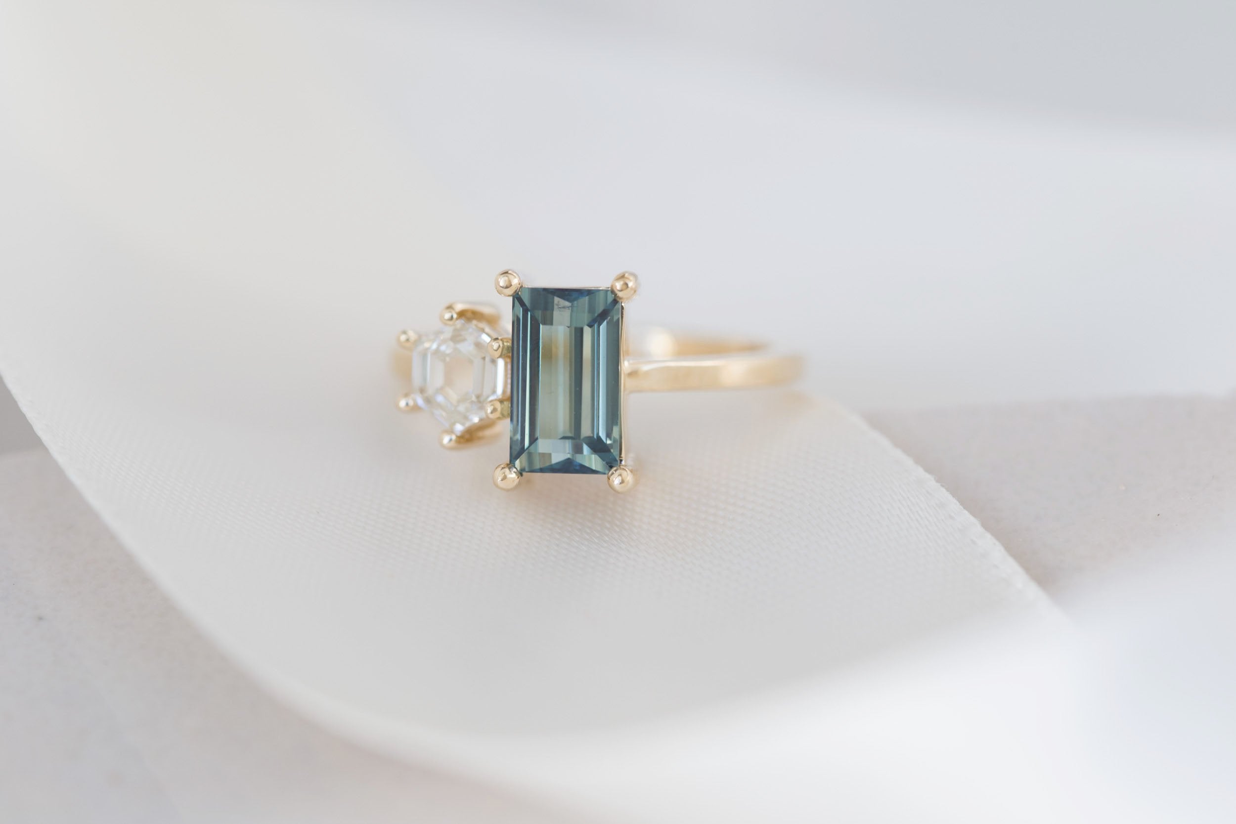 Liana Ring | Teal Baguette Sapphire + Hexagon Diamond Engagement Ring | 14k Recycled Gold | One of a Kind