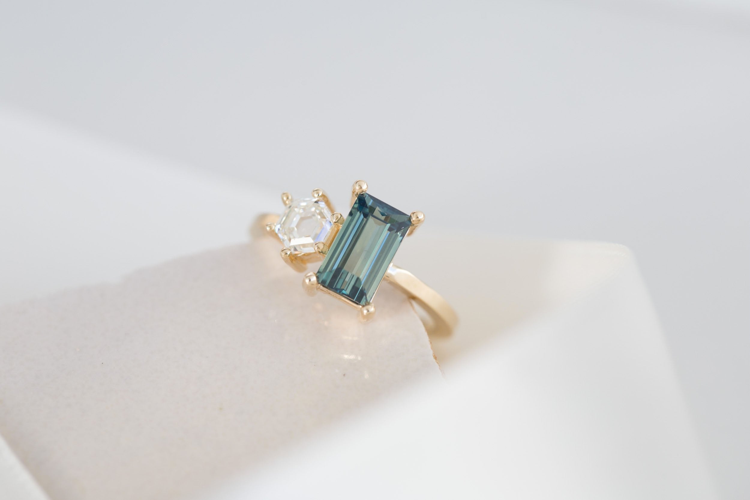 Liana Ring | Teal Baguette Sapphire + Hexagon Diamond Engagement Ring | 14k Recycled Gold | One of a Kind