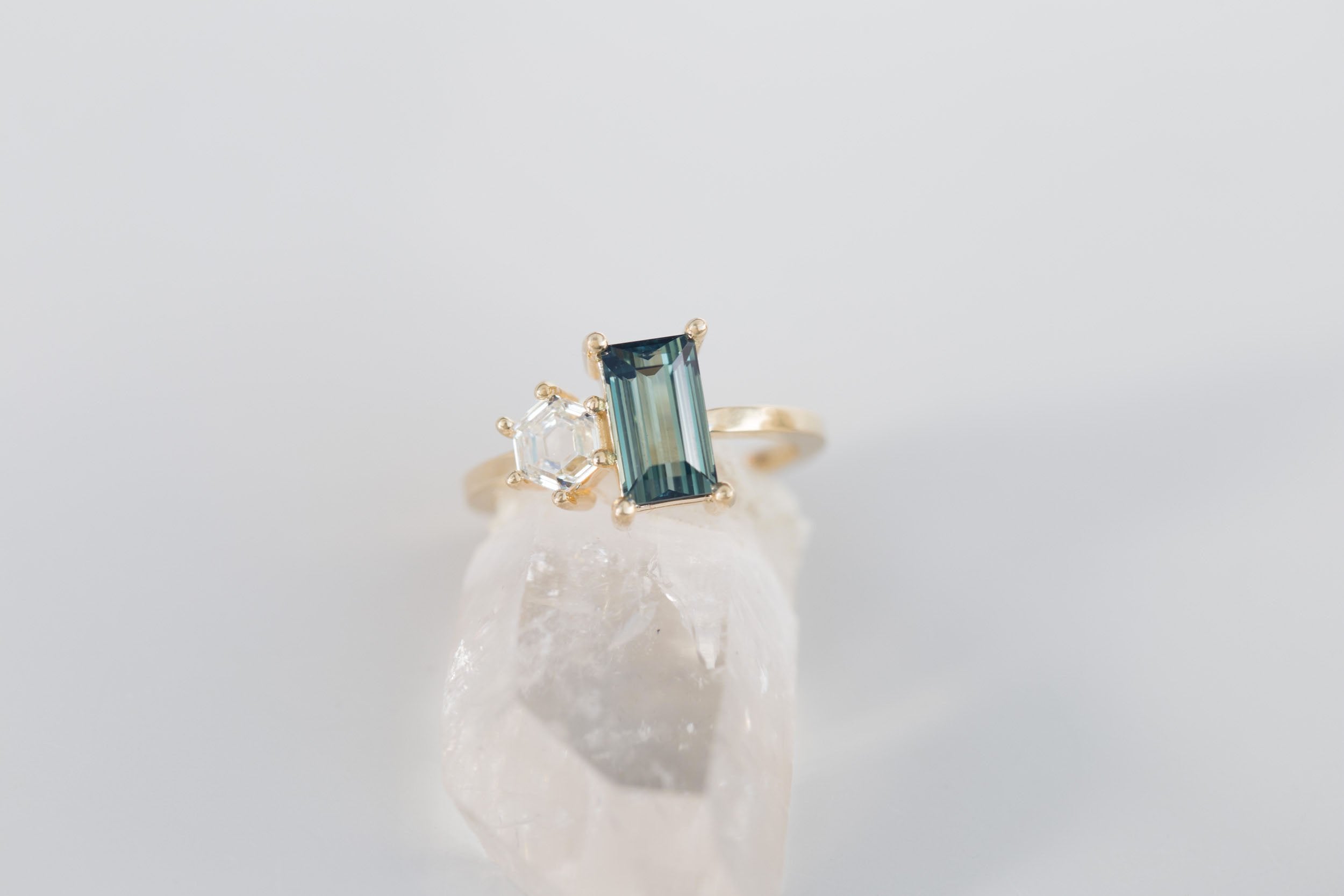 Liana Ring | Teal Baguette Sapphire + Hexagon Diamond Engagement Ring | 14k Recycled Gold | One of a Kind