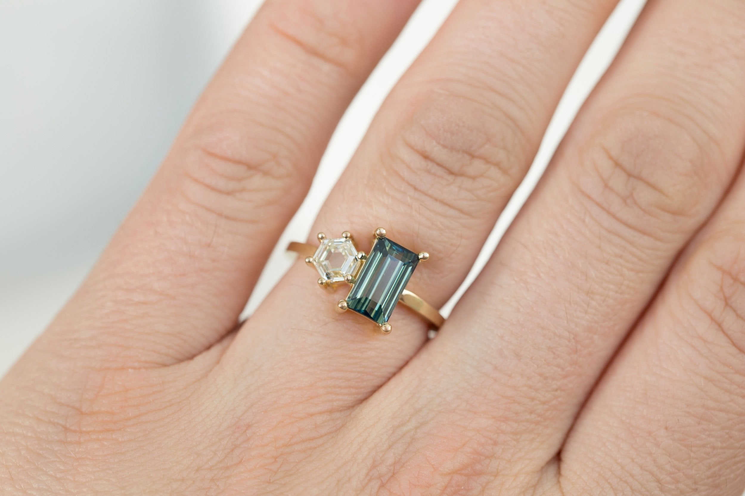 Liana Ring | Teal Baguette Sapphire + Hexagon Diamond Engagement Ring | 14k Recycled Gold | One of a Kind