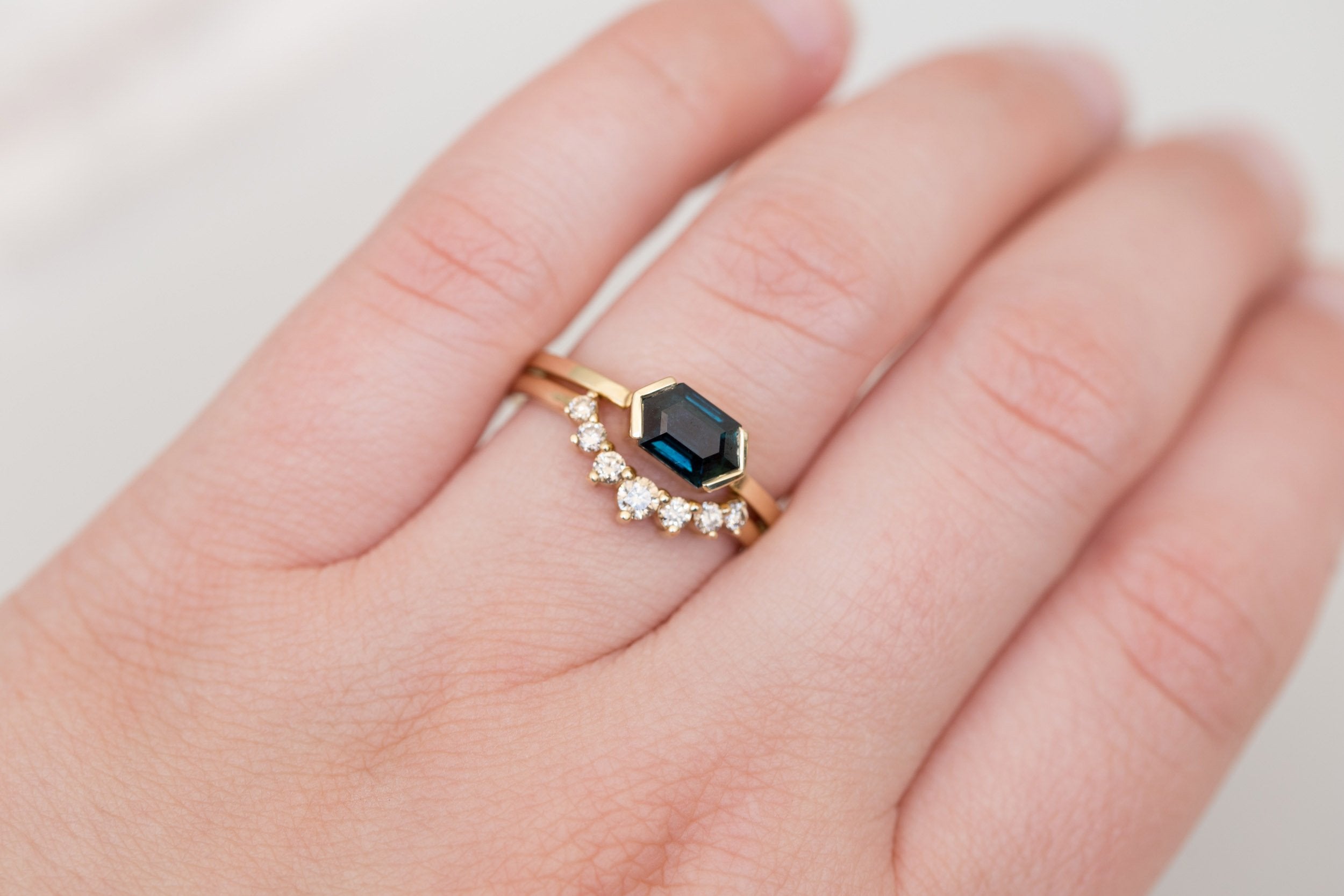 Varda Ring | Dark Teal Hexagonal Sapphire Engagement Ring 1.30 ct | 14k Recycled Gold | One of a Kind