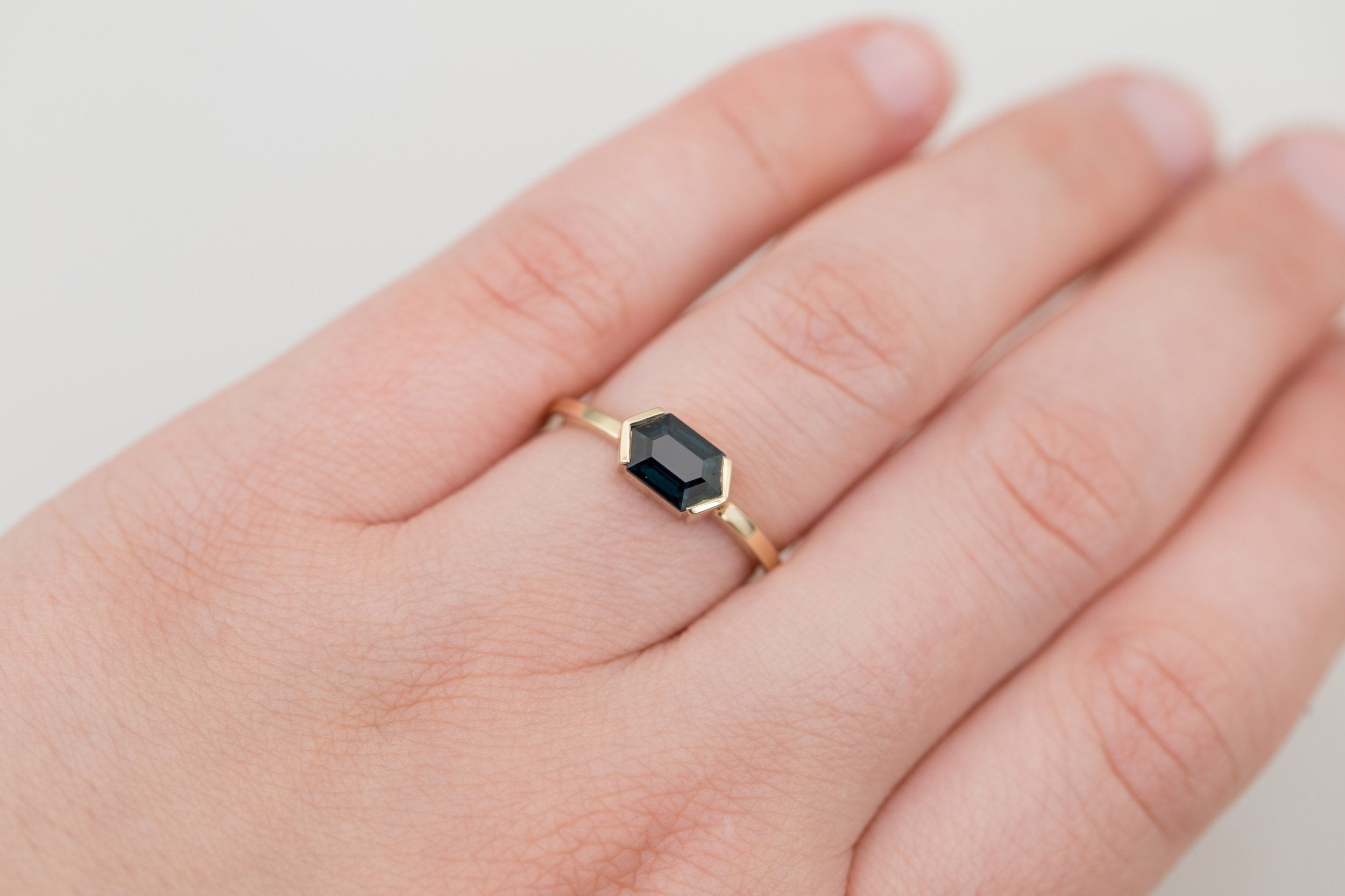 Varda Ring | Dark Teal Hexagonal Sapphire Engagement Ring 1.30 ct | 14k Recycled Gold | One of a Kind