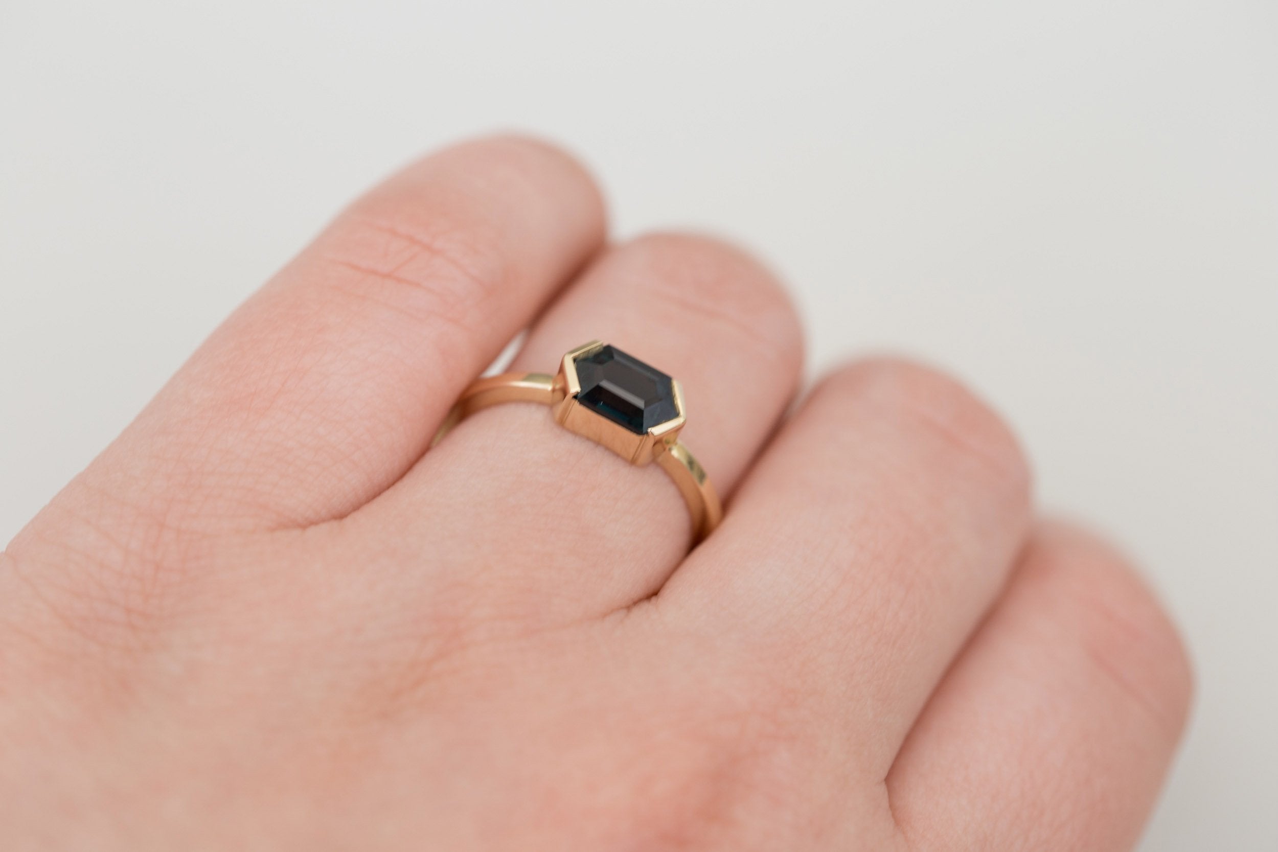 Varda Ring | Dark Teal Hexagonal Sapphire Engagement Ring 1.30 ct | 14k Recycled Gold | One of a Kind