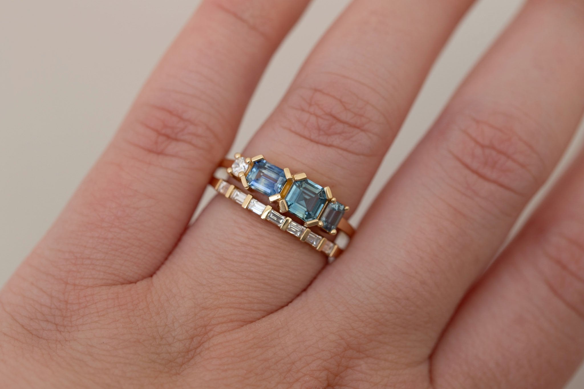 Teal Sapphire Line Ring | Teal Sapphires + Diamond Engagement Ring | 14k Recycled Gold | One of a Kind