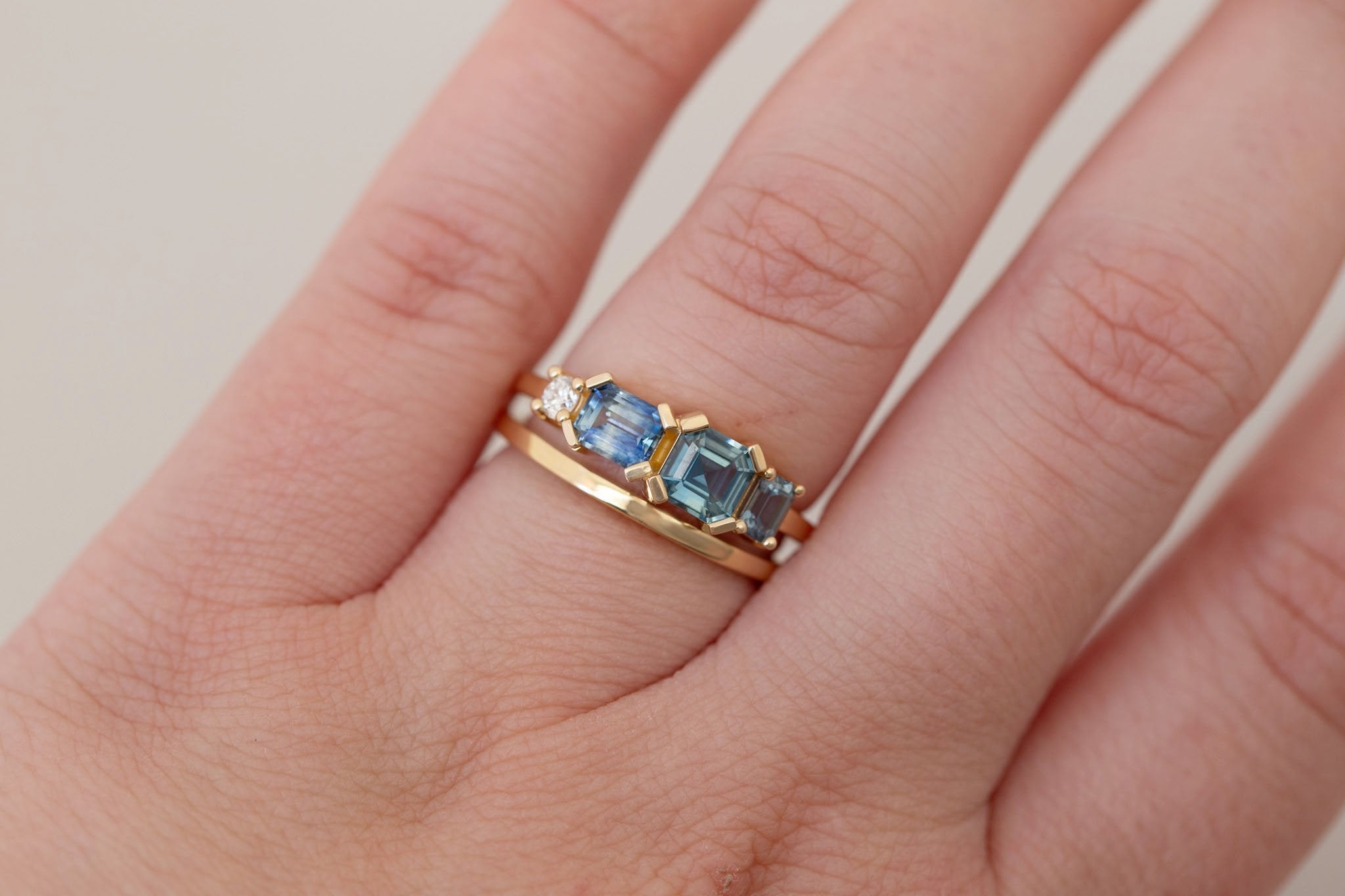 Teal Sapphire Line Ring | Teal Sapphires + Diamond Engagement Ring | 14k Recycled Gold | One of a Kind