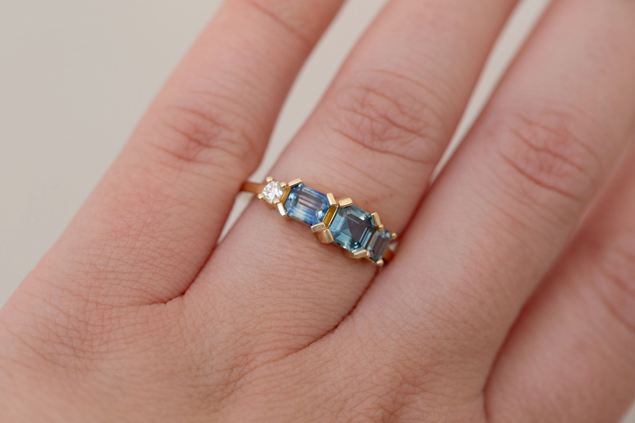 Teal Sapphire Line Ring | Teal Sapphires + Diamond Engagement Ring | 14k Recycled Gold | One of a Kind