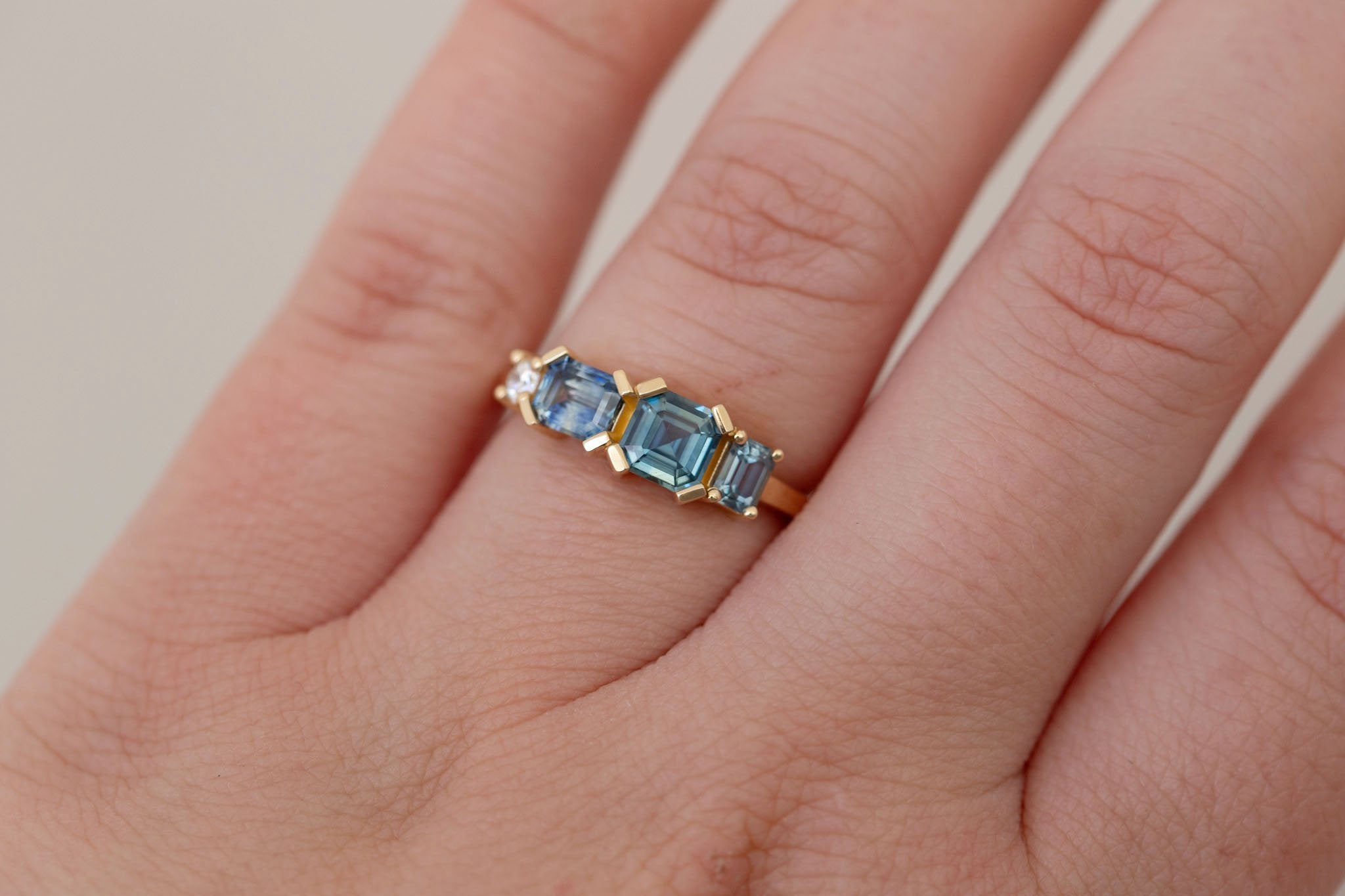 Teal Sapphire Line Ring | Teal Sapphires + Diamond Engagement Ring | 14k Recycled Gold | One of a Kind