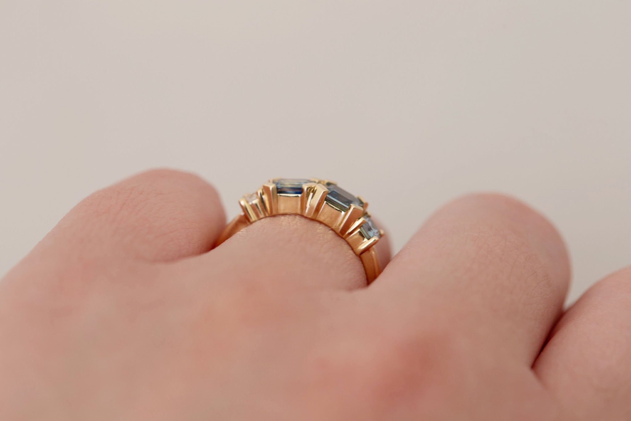 Teal Sapphire Line Ring | Teal Sapphires + Diamond Engagement Ring | 14k Recycled Gold | One of a Kind