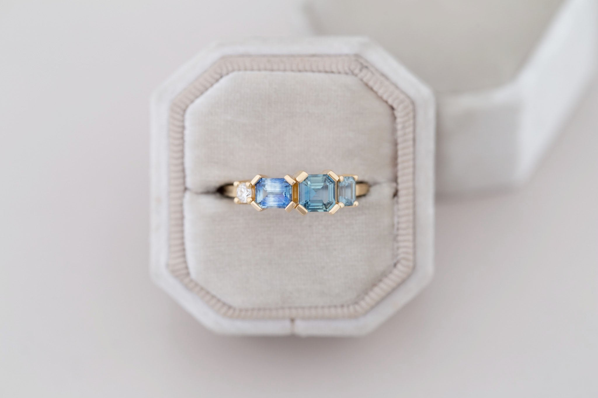 Teal Sapphire Line Ring | Teal Sapphires + Diamond Engagement Ring | 14k Recycled Gold | One of a Kind