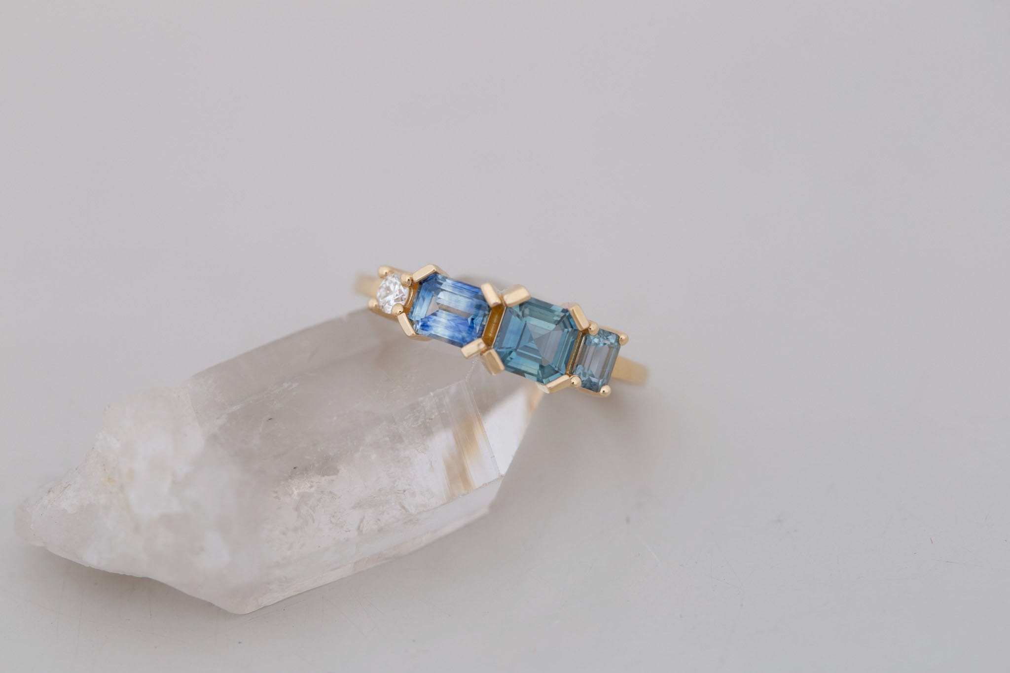 Teal Sapphire Line Ring | Teal Sapphires + Diamond Engagement Ring | 14k Recycled Gold | One of a Kind
