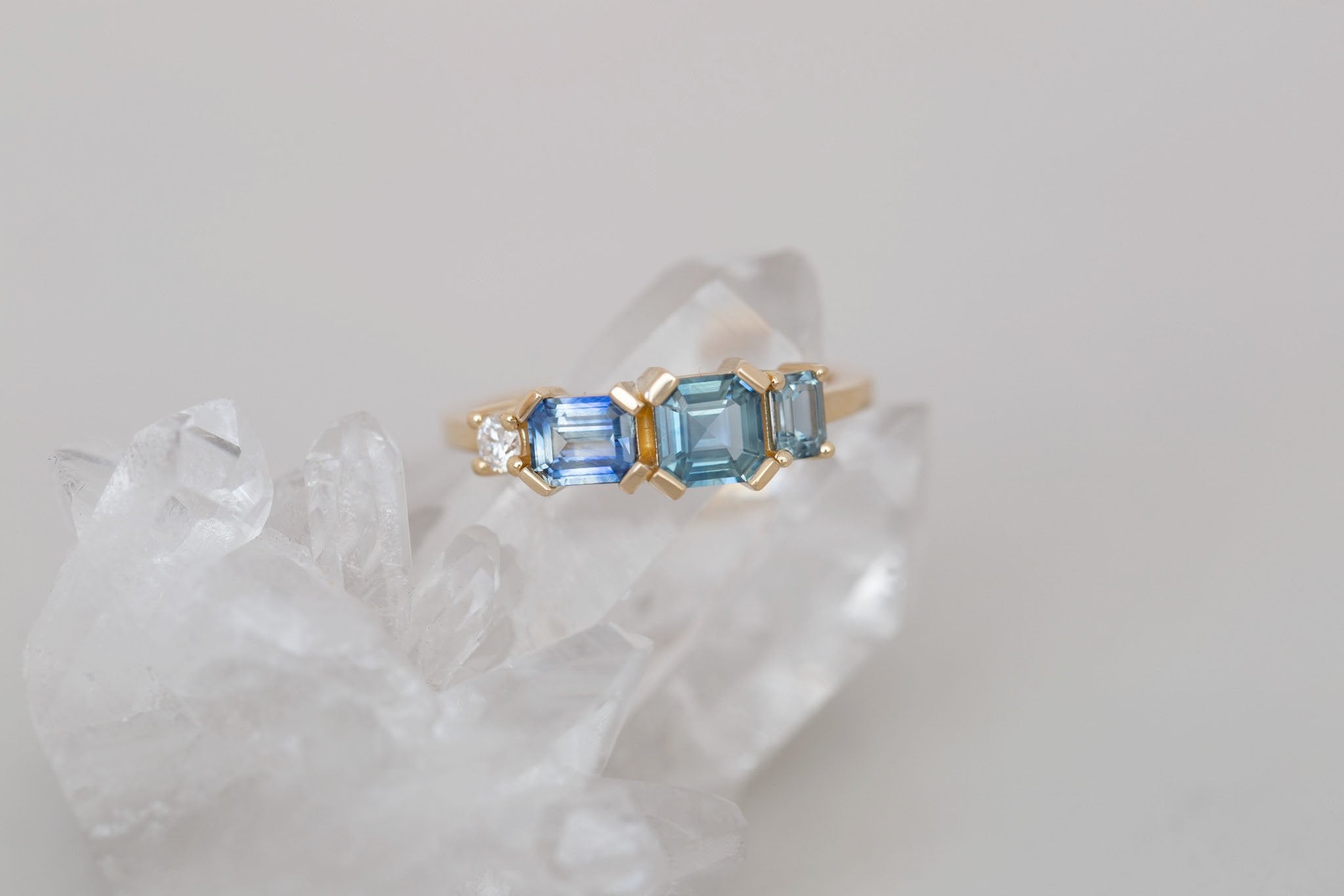 Teal Sapphire Line Ring | Teal Sapphires + Diamond Engagement Ring | 14k Recycled Gold | One of a Kind