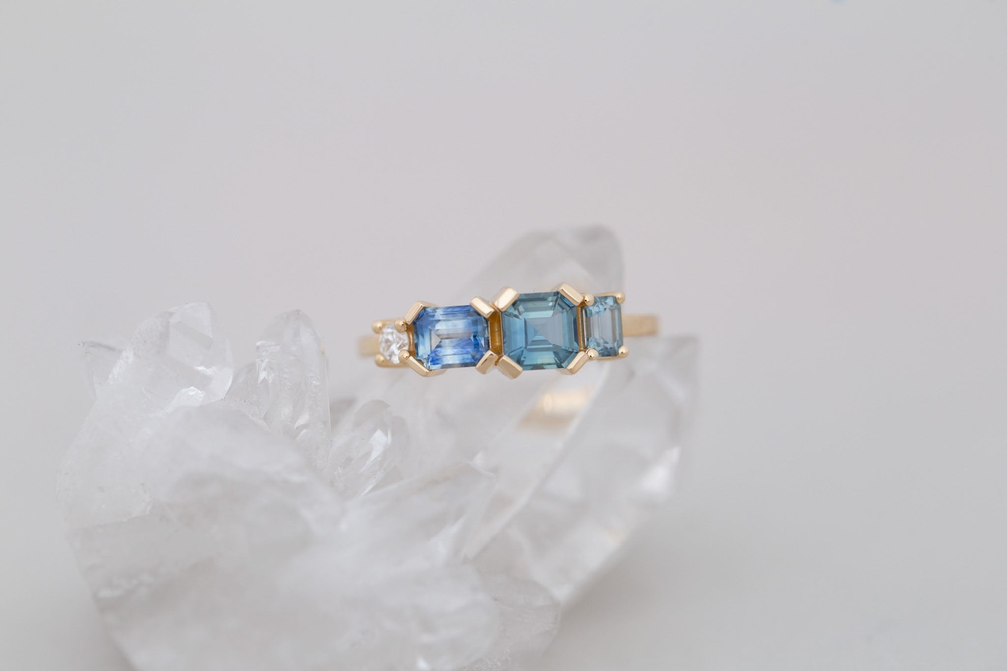 Teal Sapphire Line Ring | Teal Sapphires + Diamond Engagement Ring | 14k Recycled Gold | One of a Kind