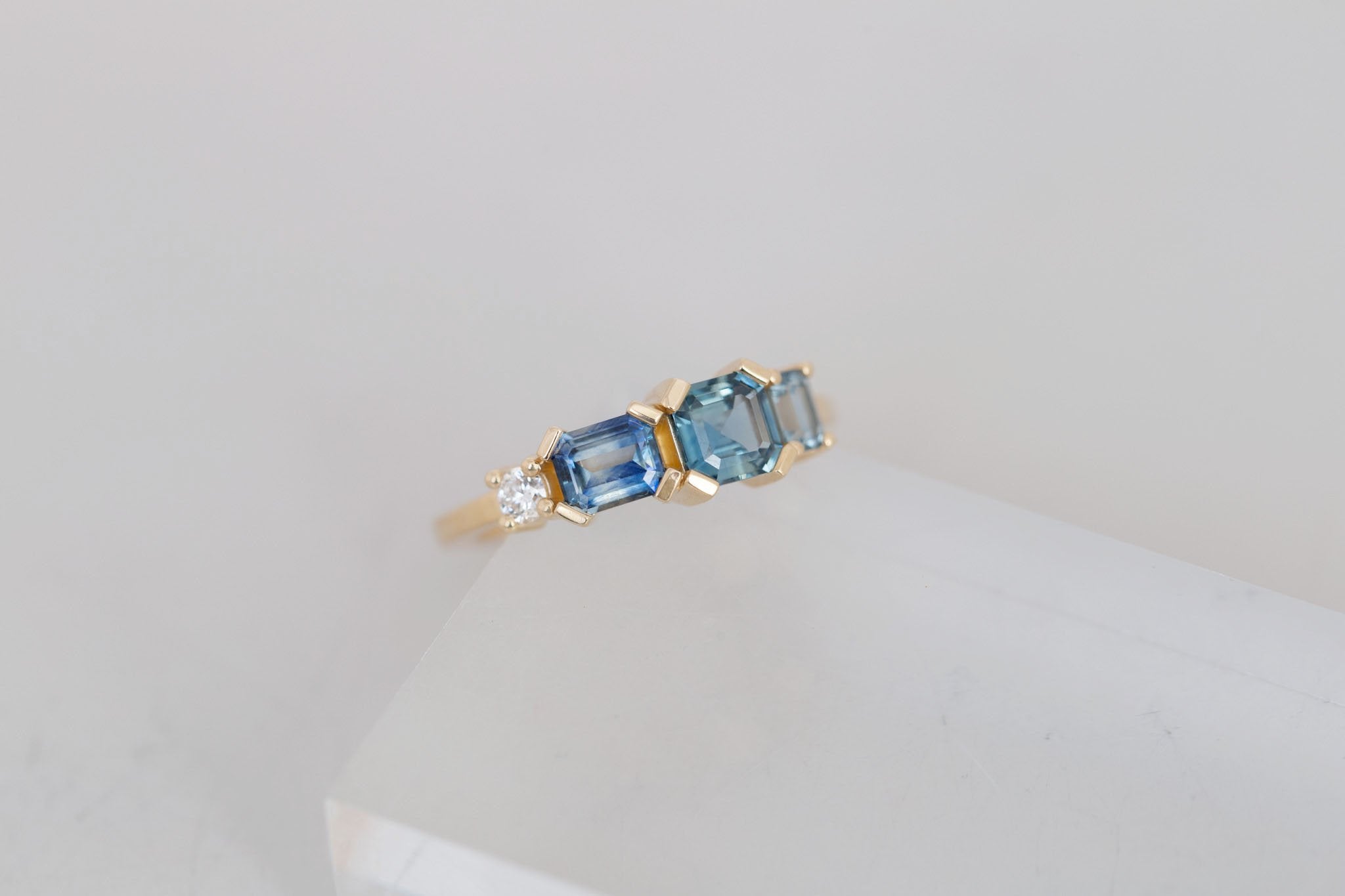 Teal Sapphire Line Ring | Teal Sapphires + Diamond Engagement Ring | 14k Recycled Gold | One of a Kind