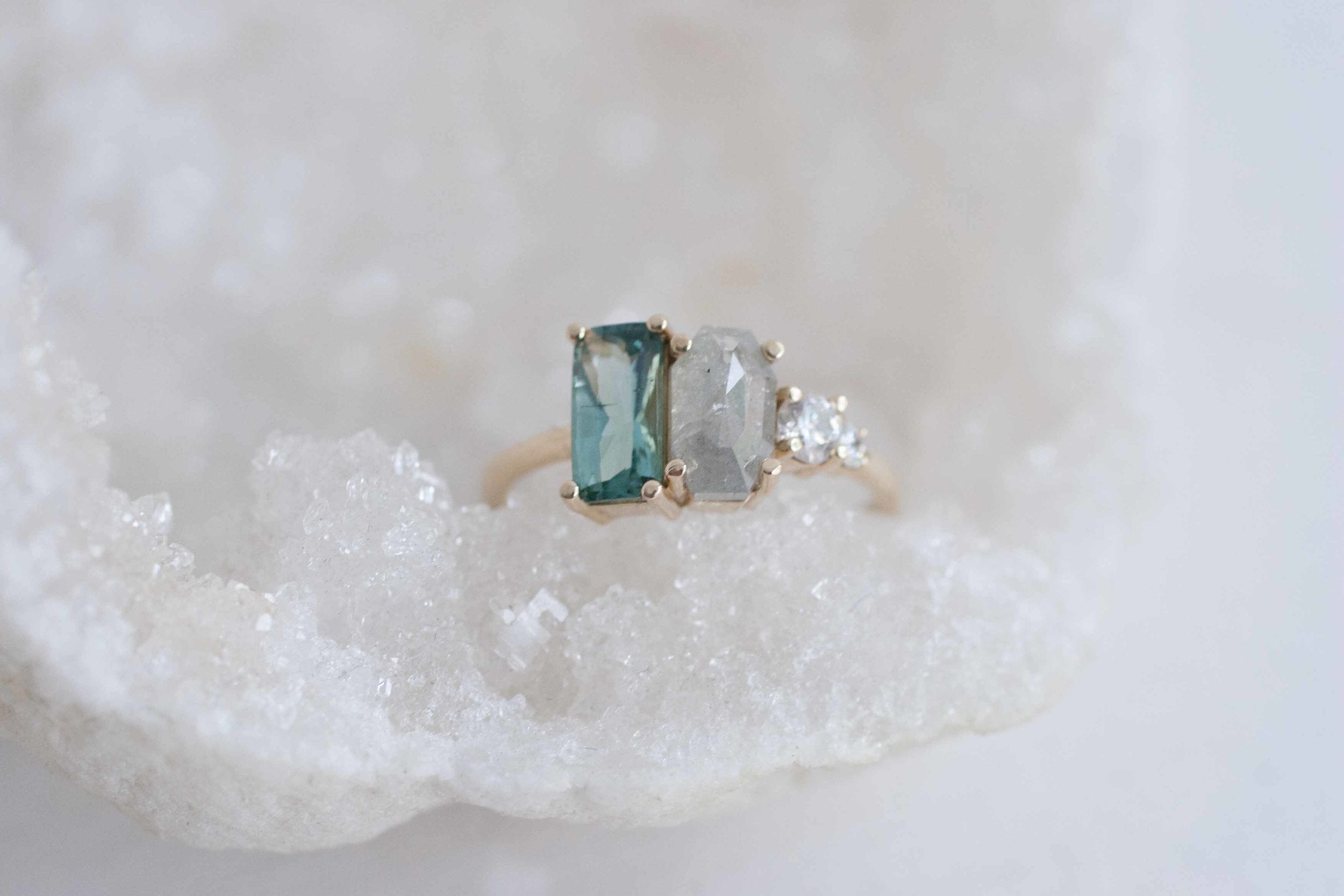 Tourmaline, Rustic Silver Diamond + White Diamond Cluster Ring | 14k Recycled Gold | One of a Kind