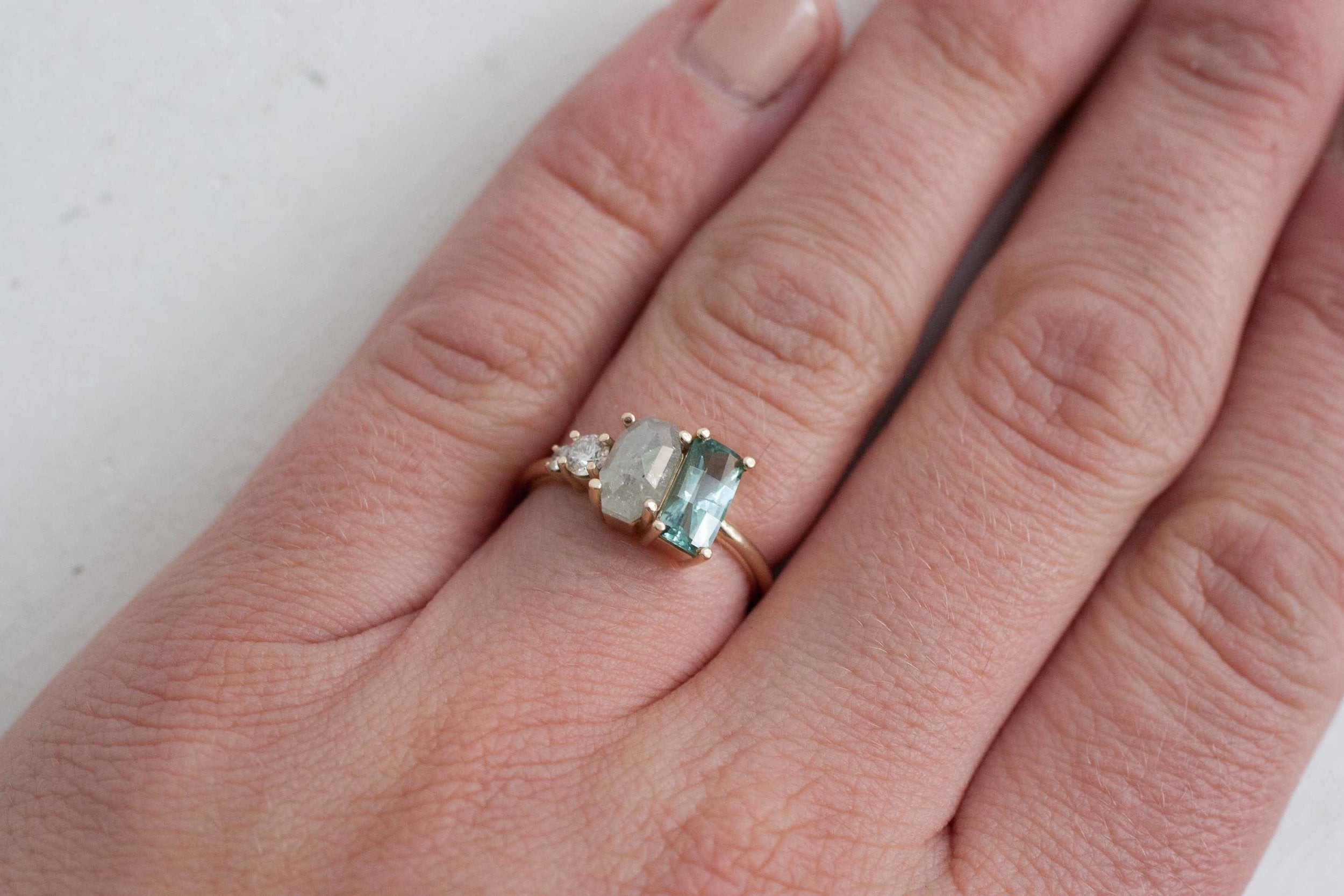 Tourmaline, Rustic Silver Diamond + White Diamond Cluster Ring | 14k Recycled Gold | One of a Kind