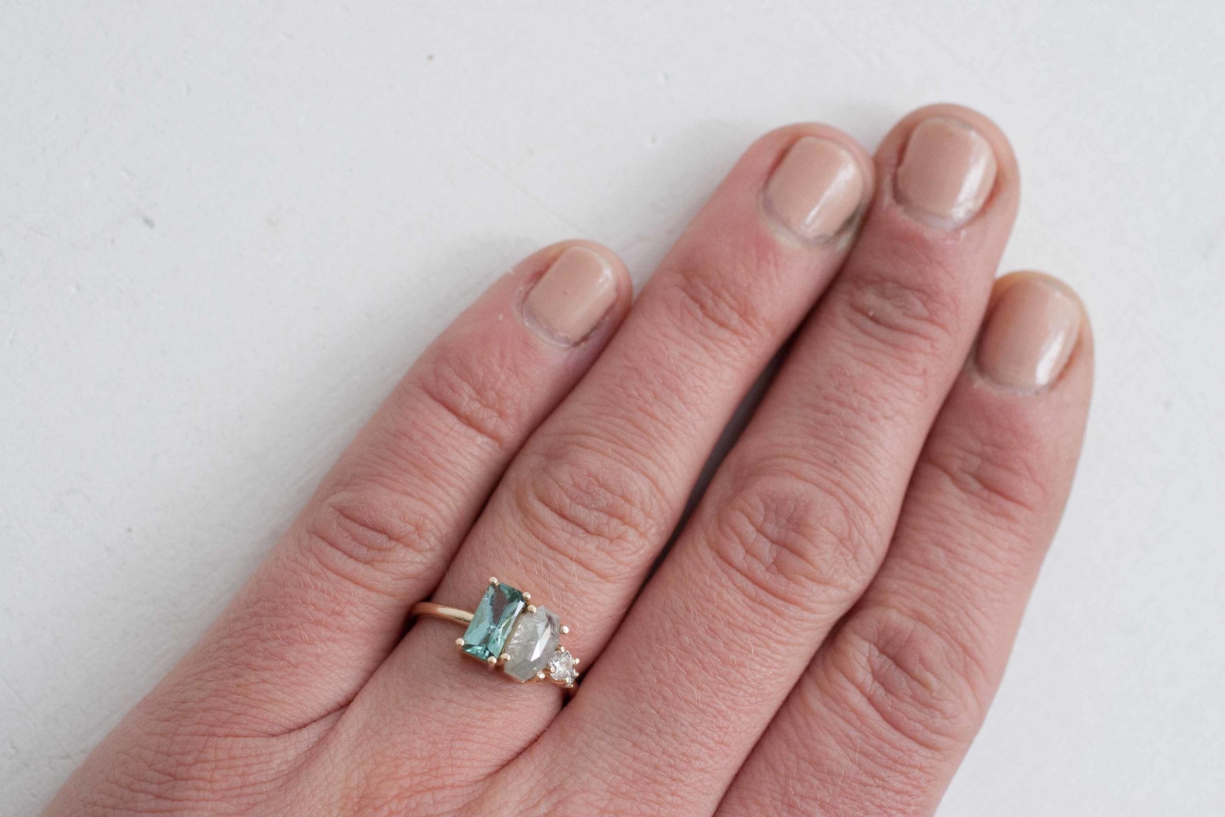 Tourmaline, Rustic Silver Diamond + White Diamond Cluster Ring | 14k Recycled Gold | One of a Kind