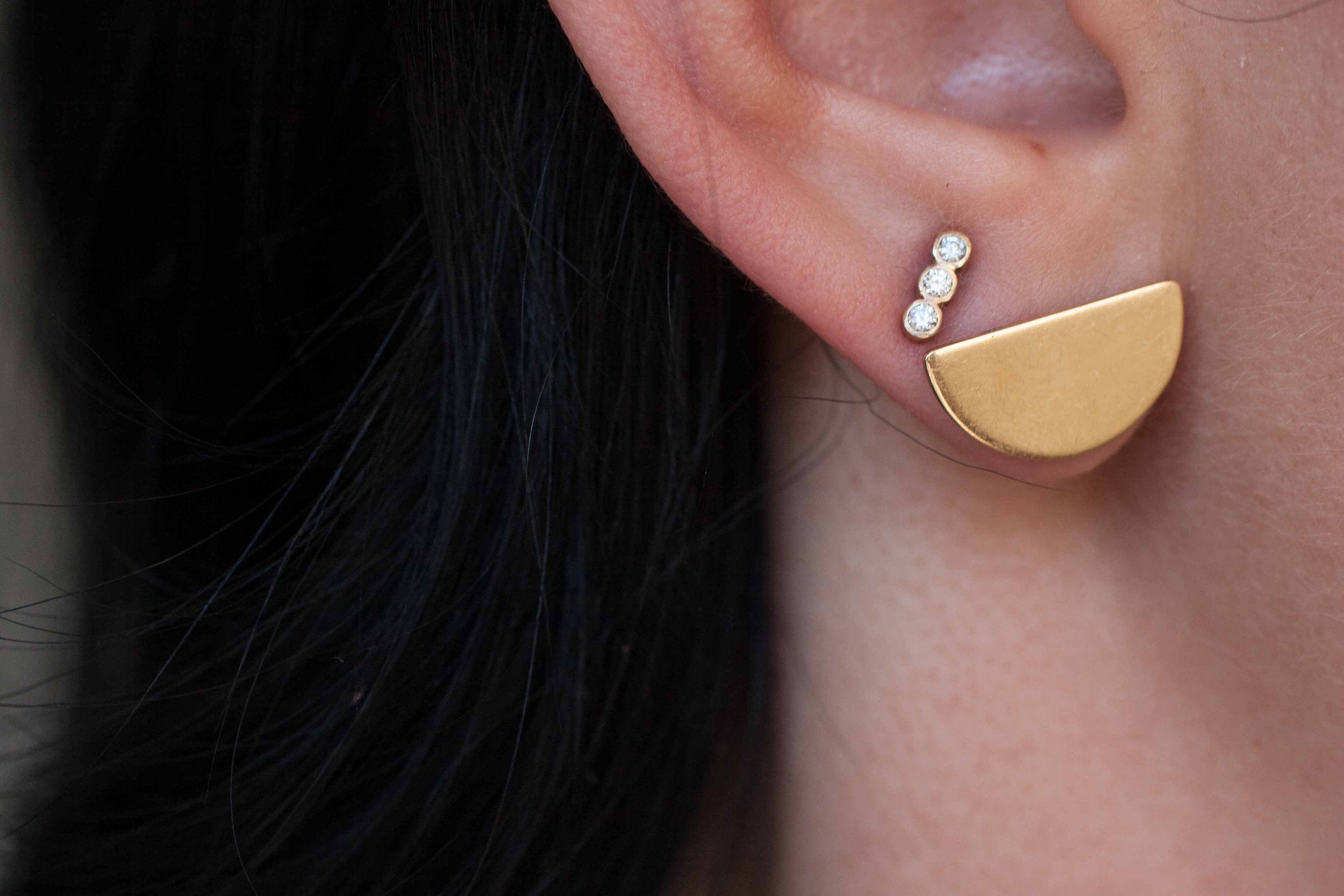 Triple Diamond Line Earrings | Diamond Bezel Earrings | 14k Recycled Gold