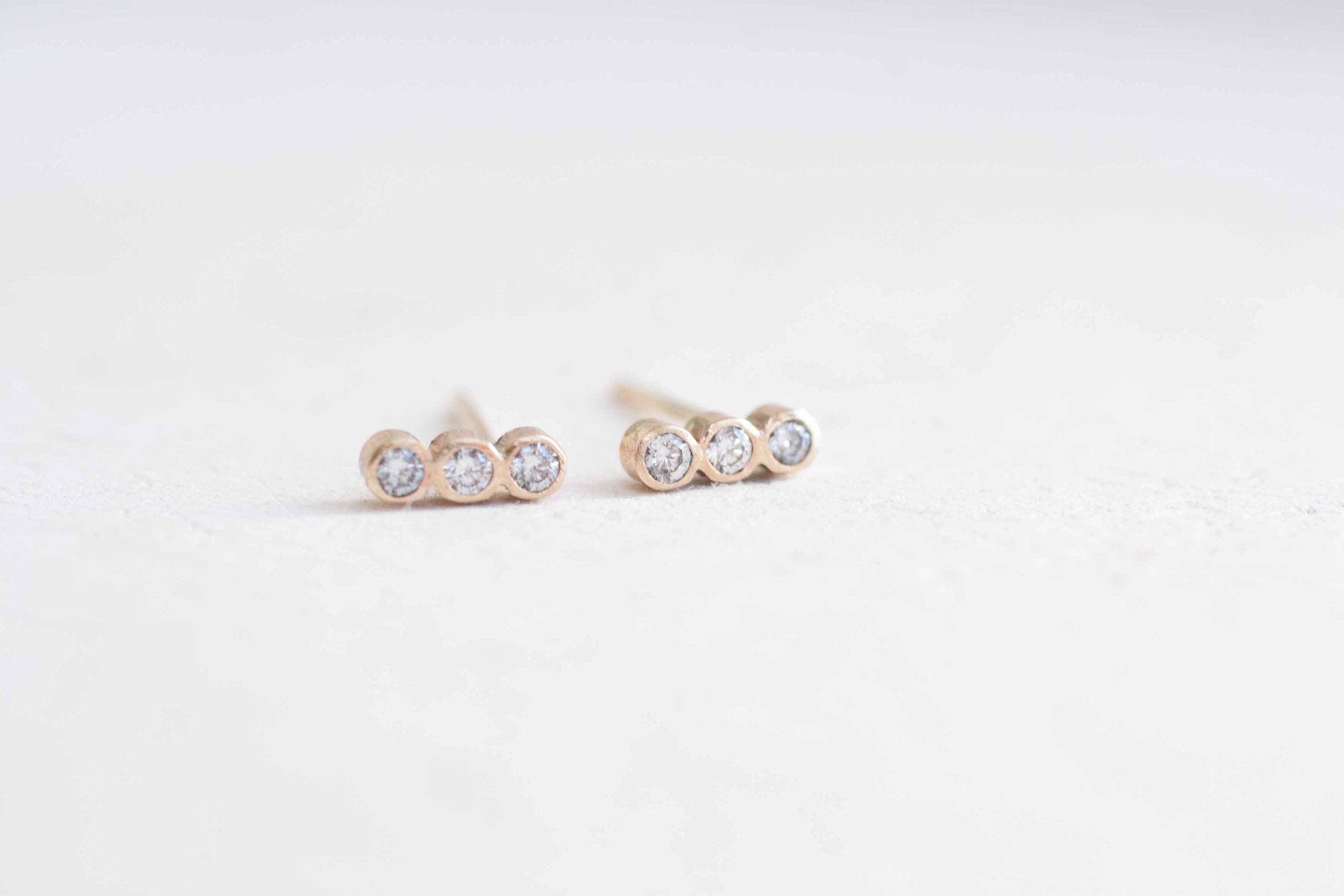 Triple Diamond Line Earrings | Diamond Bezel Earrings | 14k Recycled Gold
