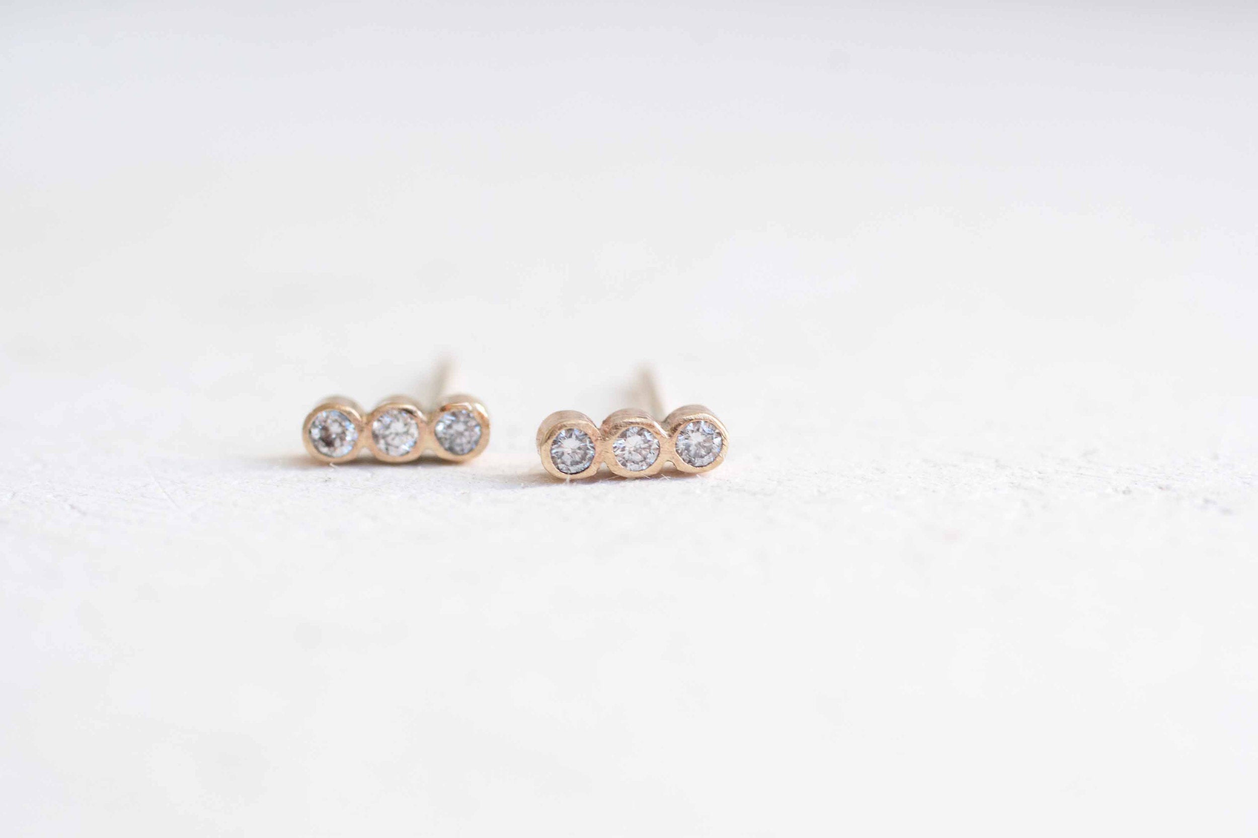 Triple Diamond Line Earrings | Diamond Bezel Earrings | 14k Recycled Gold
