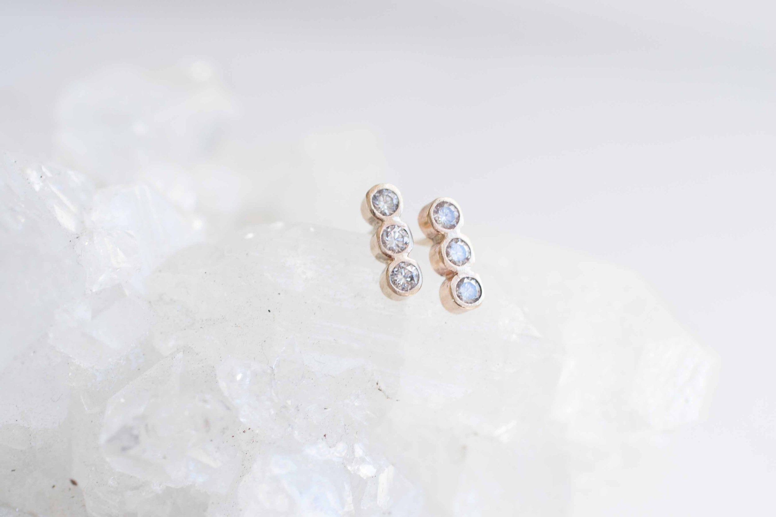 Triple Diamond Line Earrings | Diamond Bezel Earrings | 14k Recycled Gold