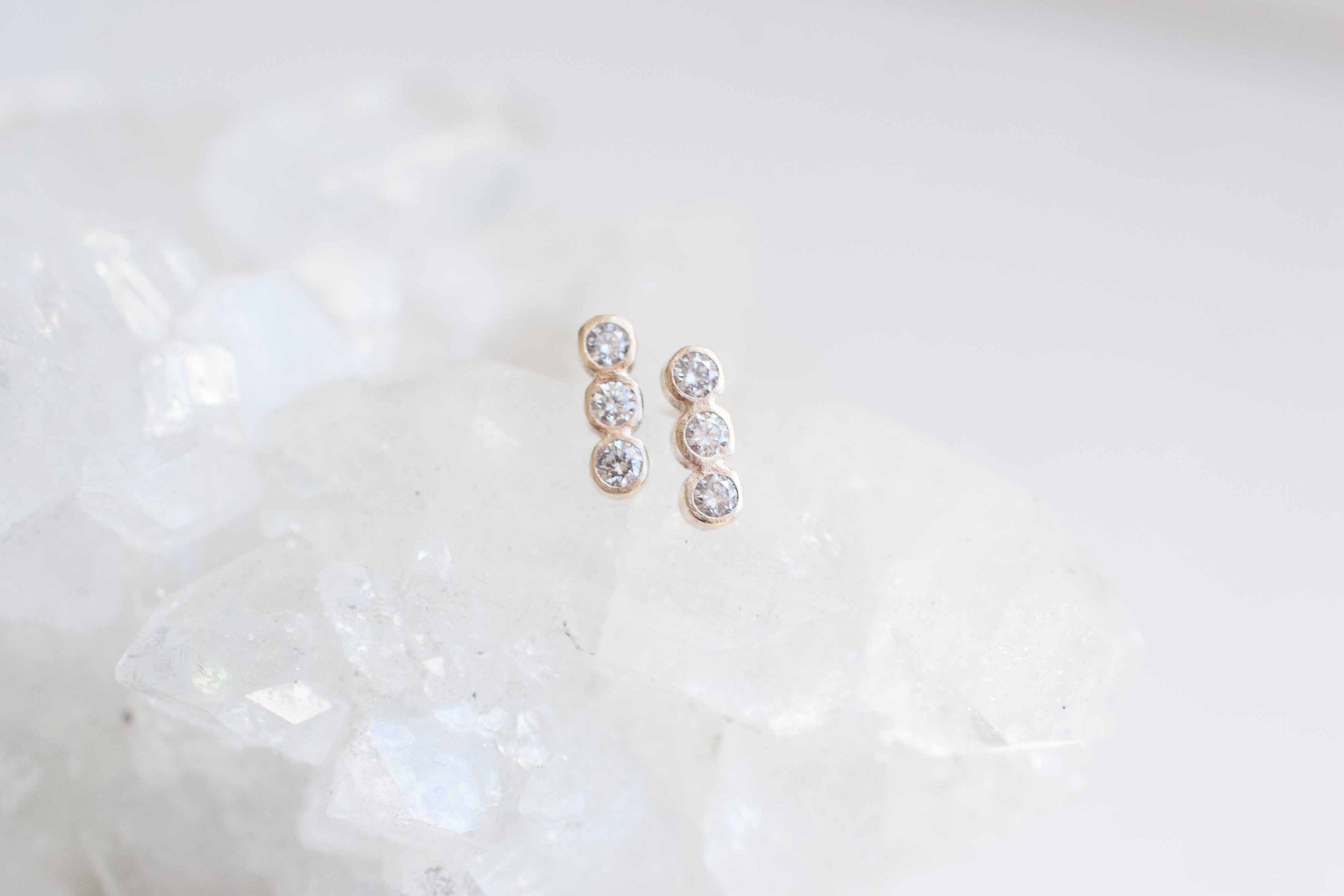 Triple Diamond Line Earrings | Diamond Bezel Earrings | 14k Recycled Gold