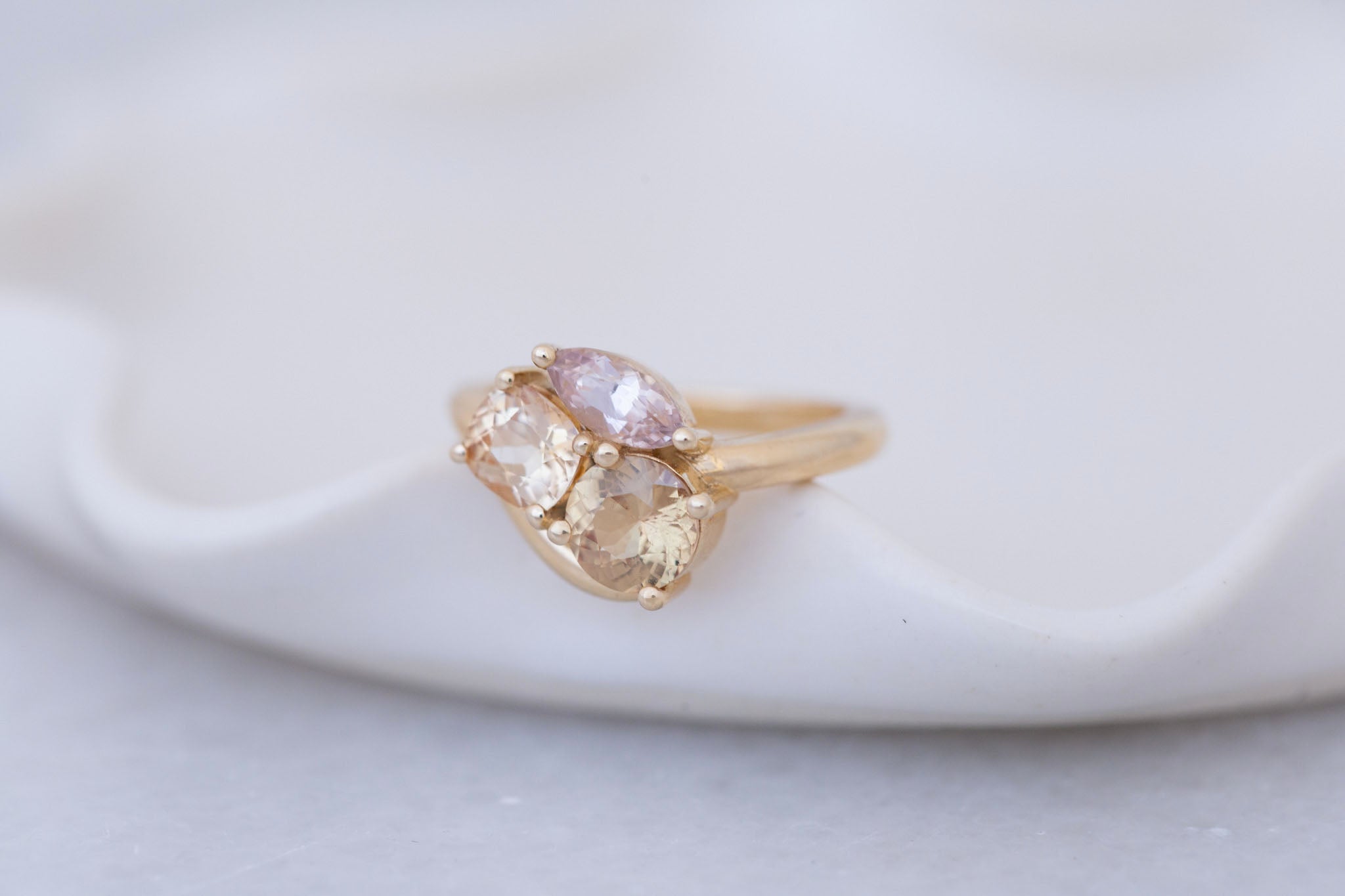 Valeria Ring | Apricot + Blush Sapphire Curved Band Engagement Ring | 14k Recycled Gold | One of a Kind