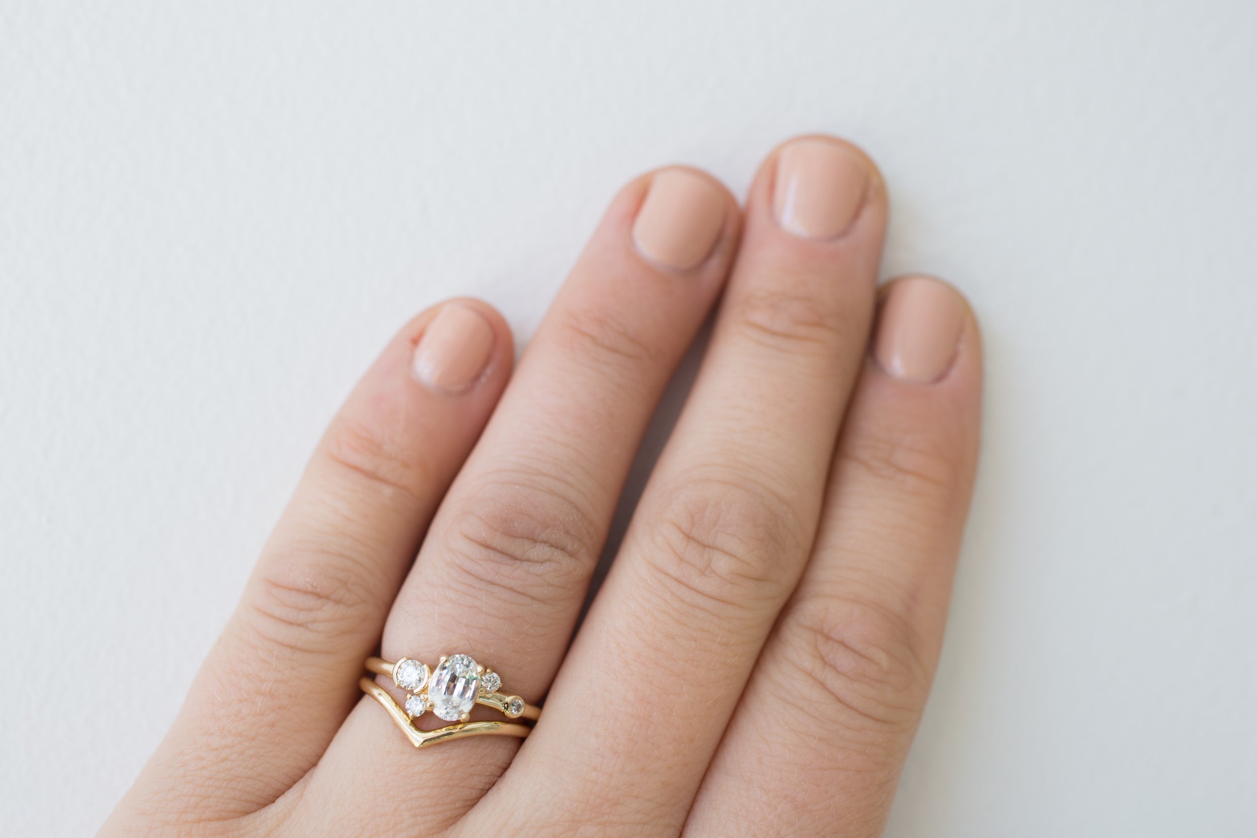Mae Ring | Oval White Sapphire + Diamond Cluster Ring | 14k Recycled Gold