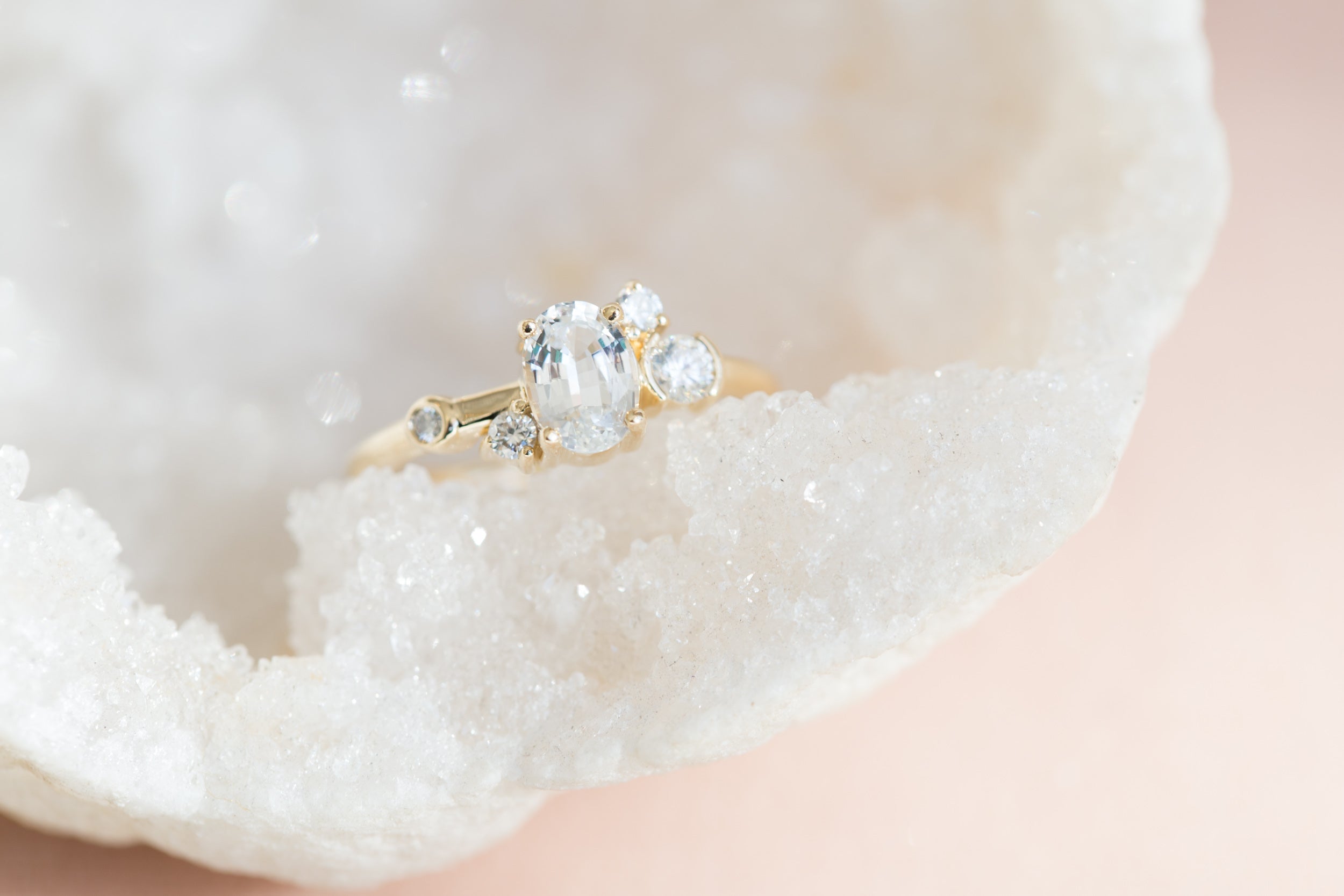 Mae Ring | Oval White Sapphire + Diamond Cluster Ring | 14k Recycled Gold