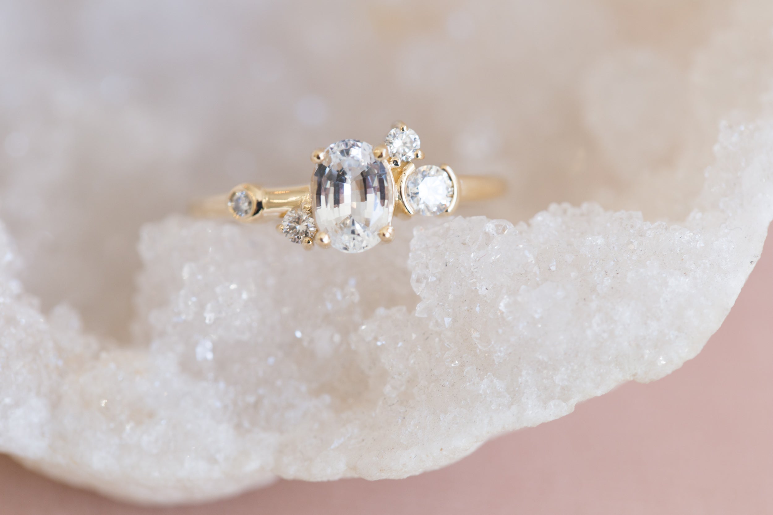 Mae Ring | Oval White Sapphire + Diamond Cluster Ring | 14k Recycled Gold