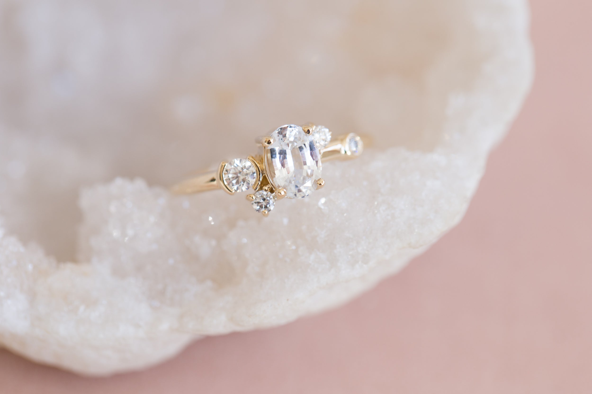 Mae Ring | Oval White Sapphire + Diamond Cluster Ring | 14k Recycled Gold