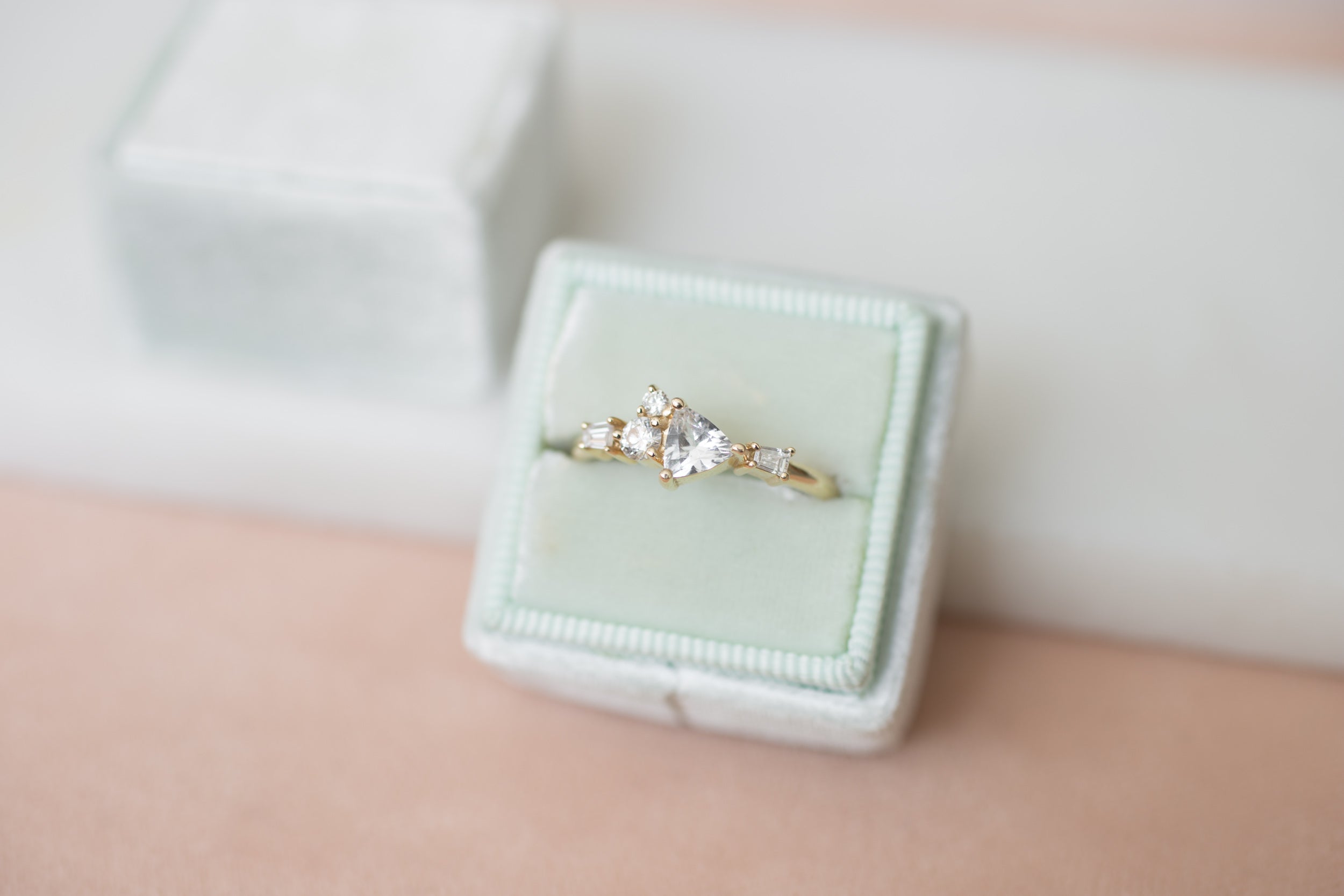 Trillium Ring | Trillion Cut White Sapphire + Diamond Cluster Engagement Ring | 14k Recycled Gold