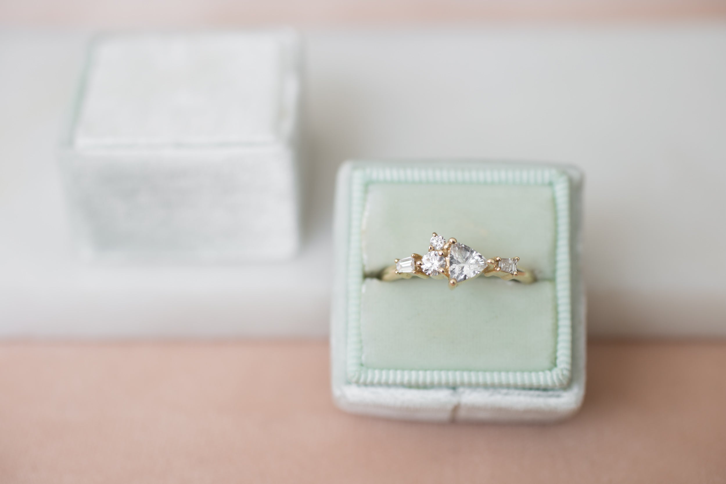 Trillium Ring | Trillion Cut White Sapphire + Diamond Cluster Engagement Ring | 14k Recycled Gold
