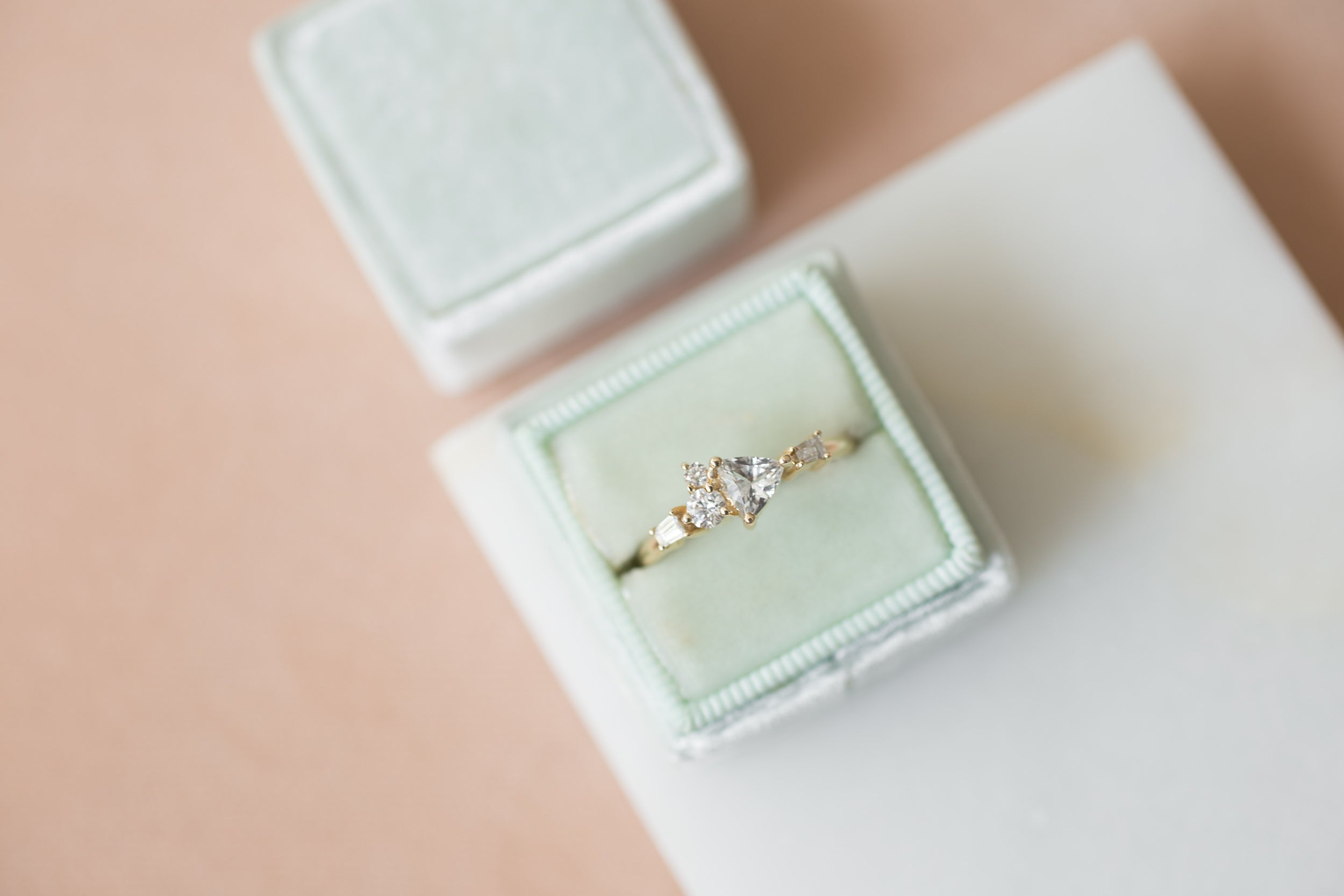 Trillium Ring | Trillion Cut White Sapphire + Diamond Cluster Engagement Ring | 14k Recycled Gold