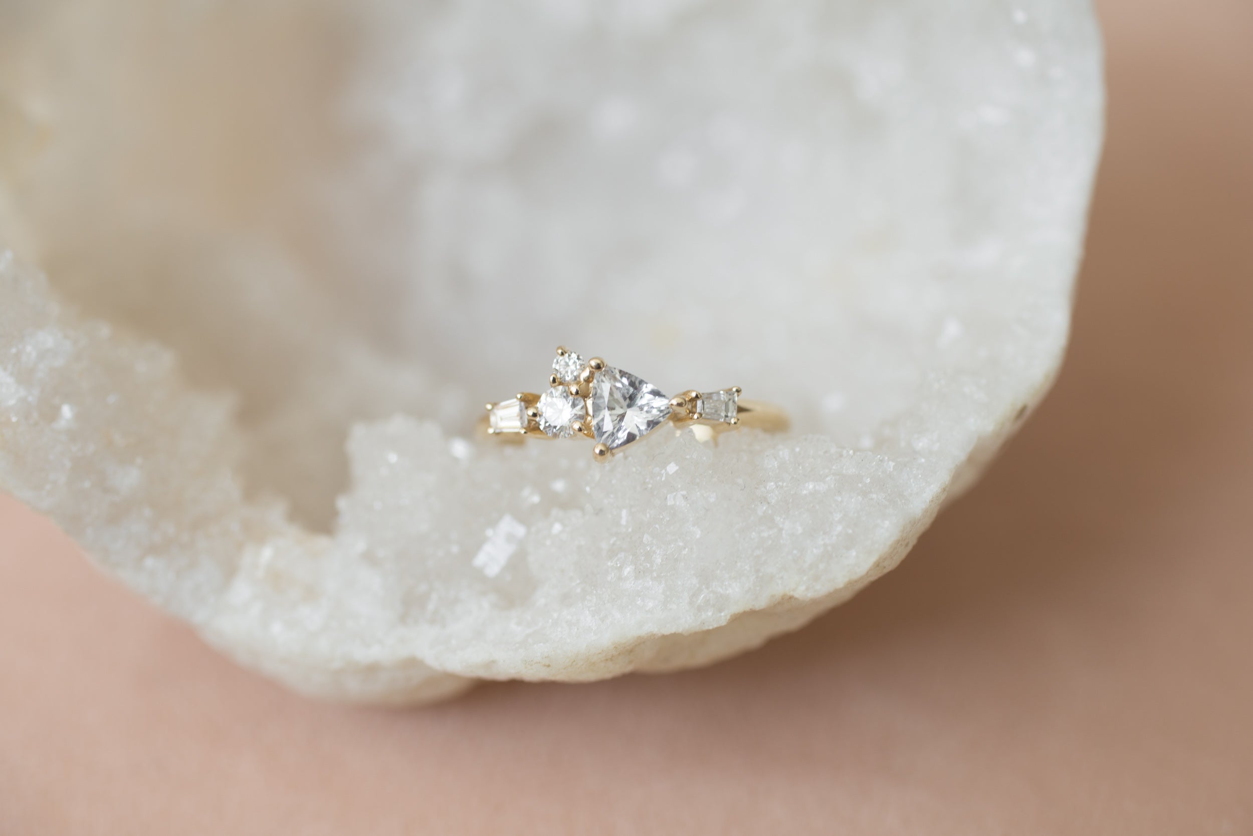Trillium Ring | Trillion Cut White Sapphire + Diamond Cluster Engagement Ring | 14k Recycled Gold