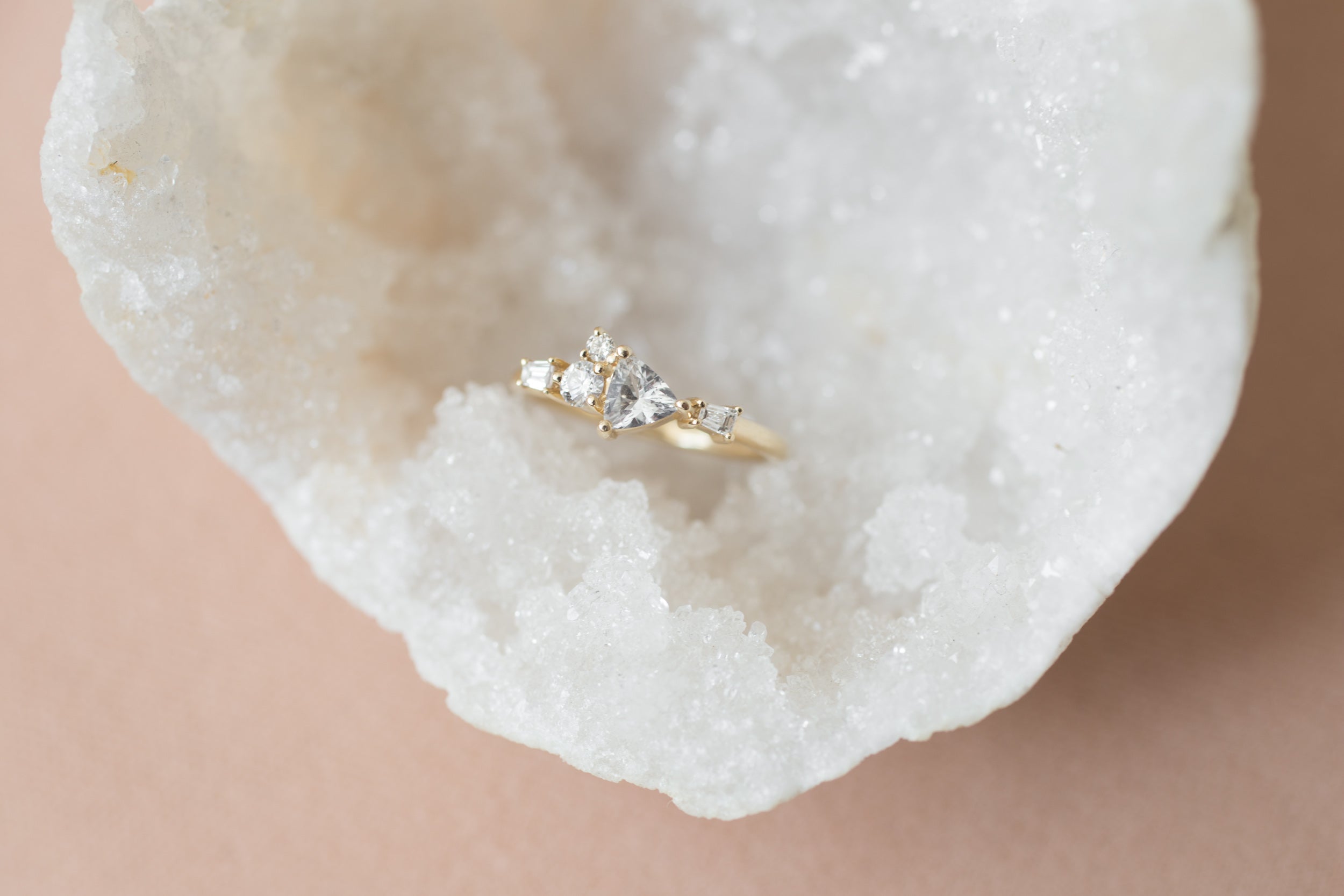 Trillium Ring | Trillion Cut White Sapphire + Diamond Cluster Engagement Ring | 14k Recycled Gold